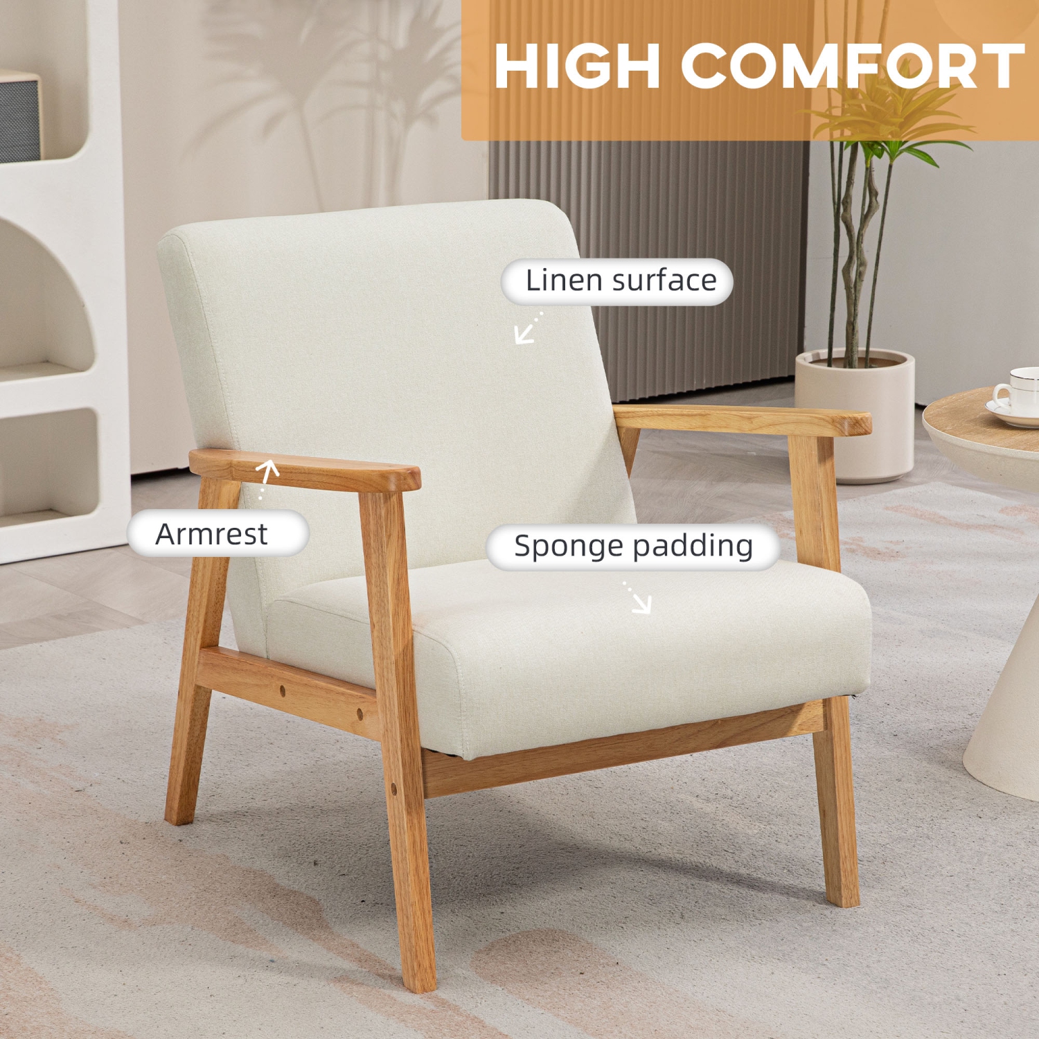 HOMCOM – Fauteuil d’appoint en tissu, fauteuil rembourré, fauteuil de salon moderne du milieu du siècle avec pattes en bois et coussin rembourré pour