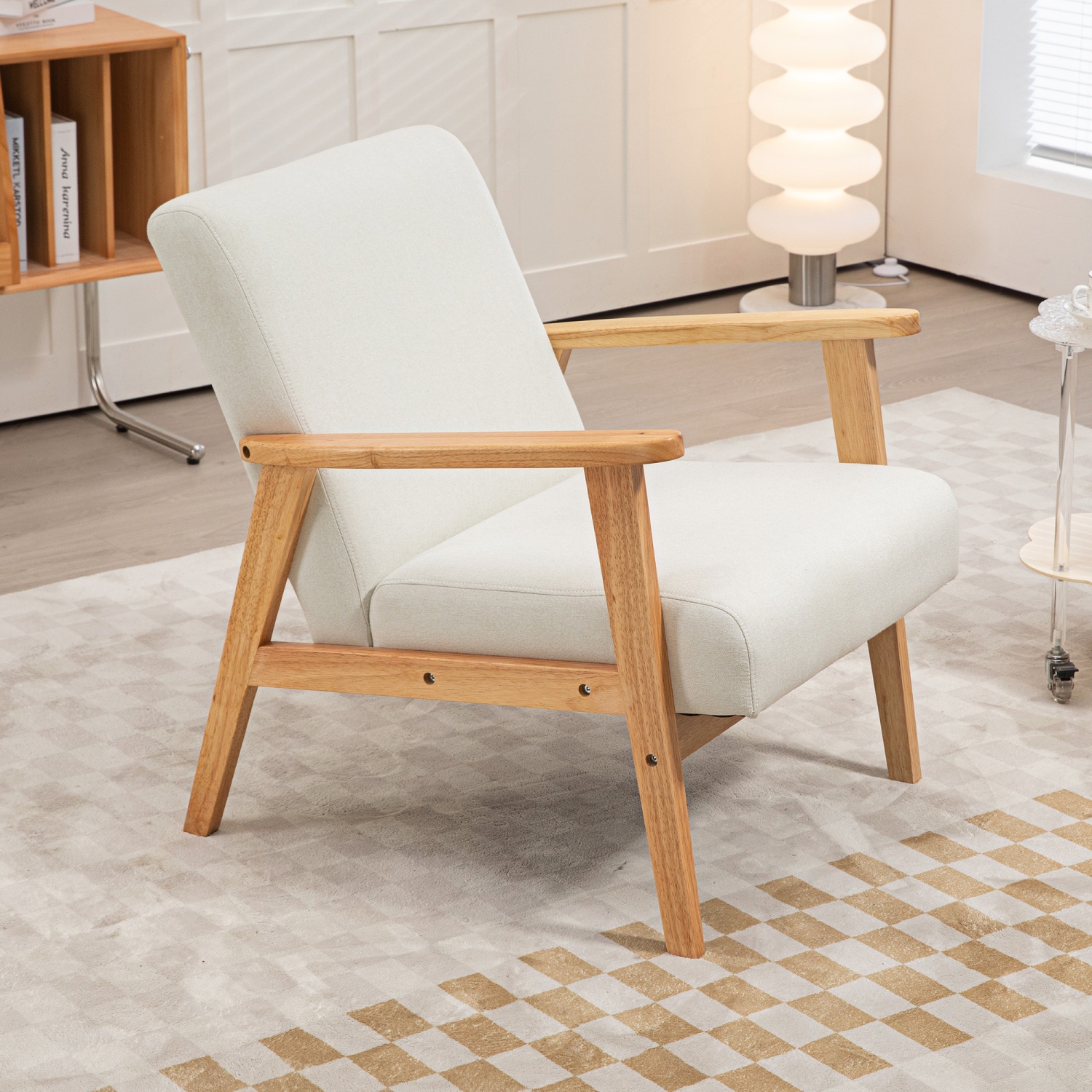 HOMCOM – Fauteuil d’appoint en tissu, fauteuil rembourré, fauteuil de salon moderne du milieu du siècle avec pattes en bois et coussin rembourré pour