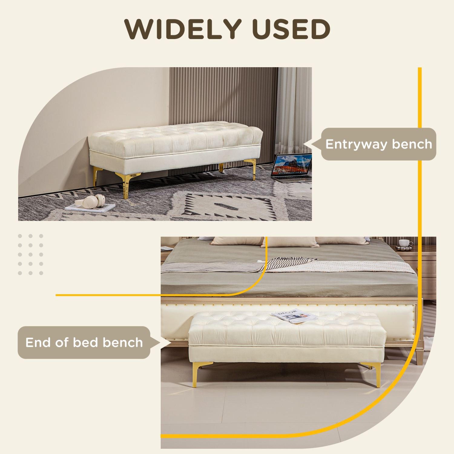 HOMCOM Velvet Upholstered Bench Seat, End of Bed Bench, Entryway Shoe Bench with Button Tufted and Metal Legs for Living Room, Bedroom, Dining Room,