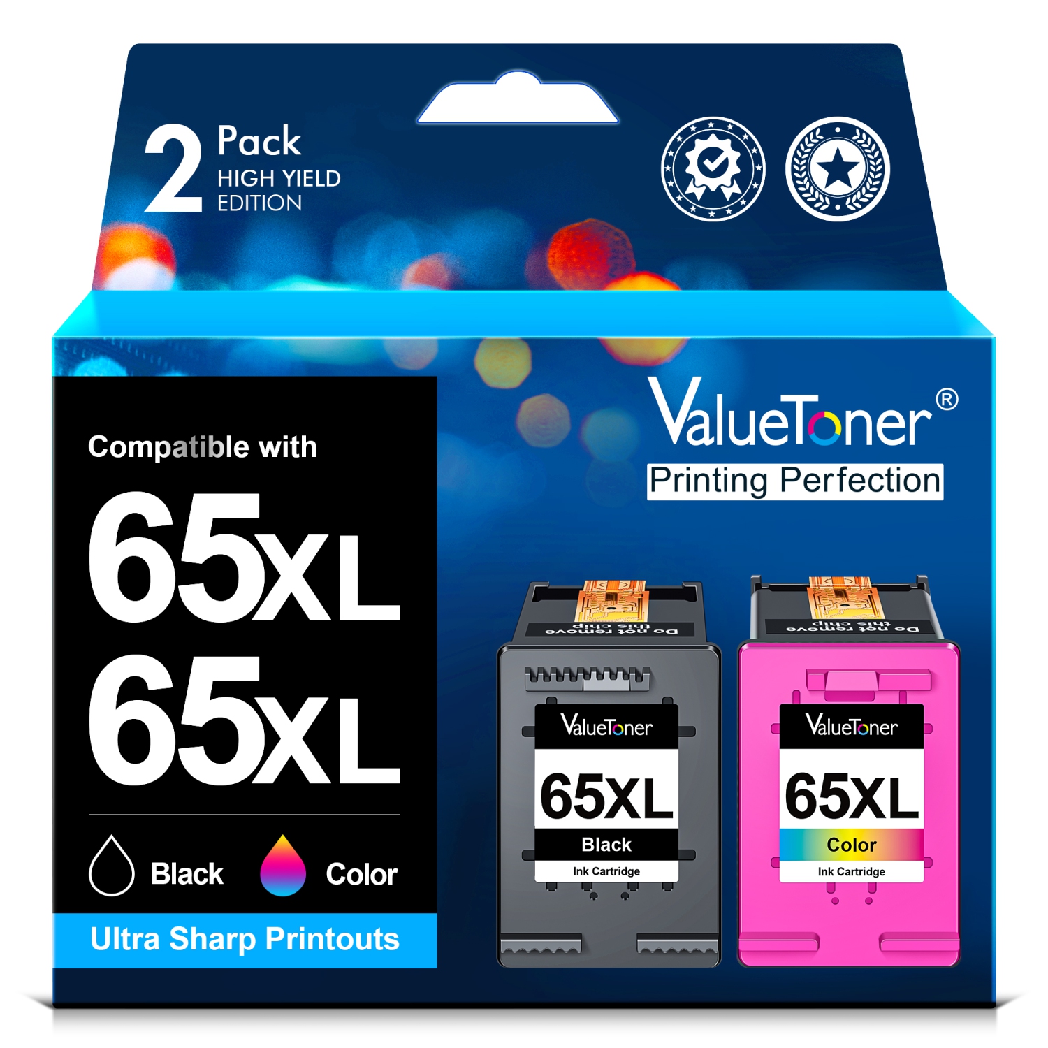 Valuetoner Refurbished (Excellent) Ink Cartridges Replacement for HP 65XL 65 XL for Envy 5055 5052 5058 DeskJet 3755 2655 3720 3722 3723 (Black, Color, 2-Pack)