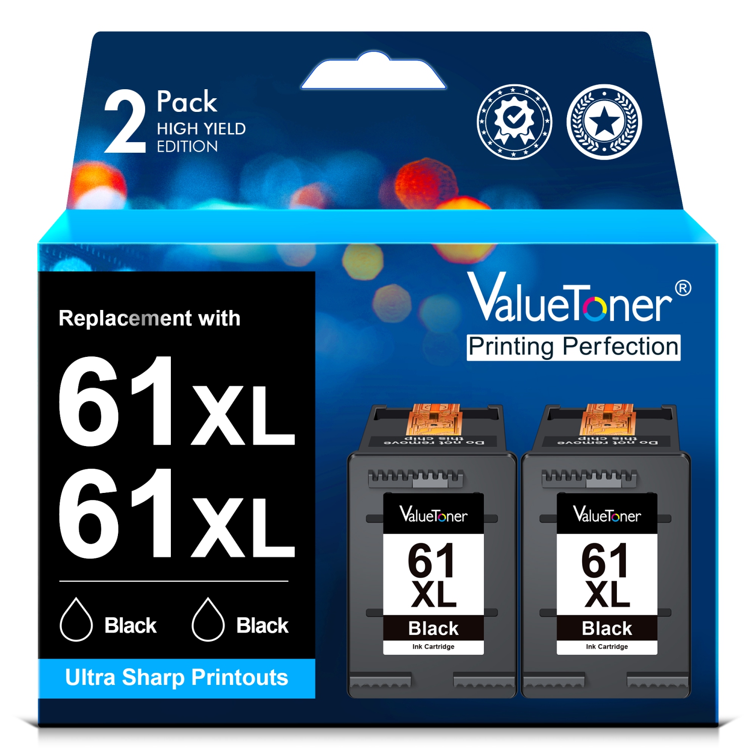Valuetoner Refurbished (Excellent) Ink Cartridges Replacement for HP 61XL 61 XL for HP Envy 4500 4501 4502 5530 Deskjet 2540 30501000 1050 1056 (2 Black)