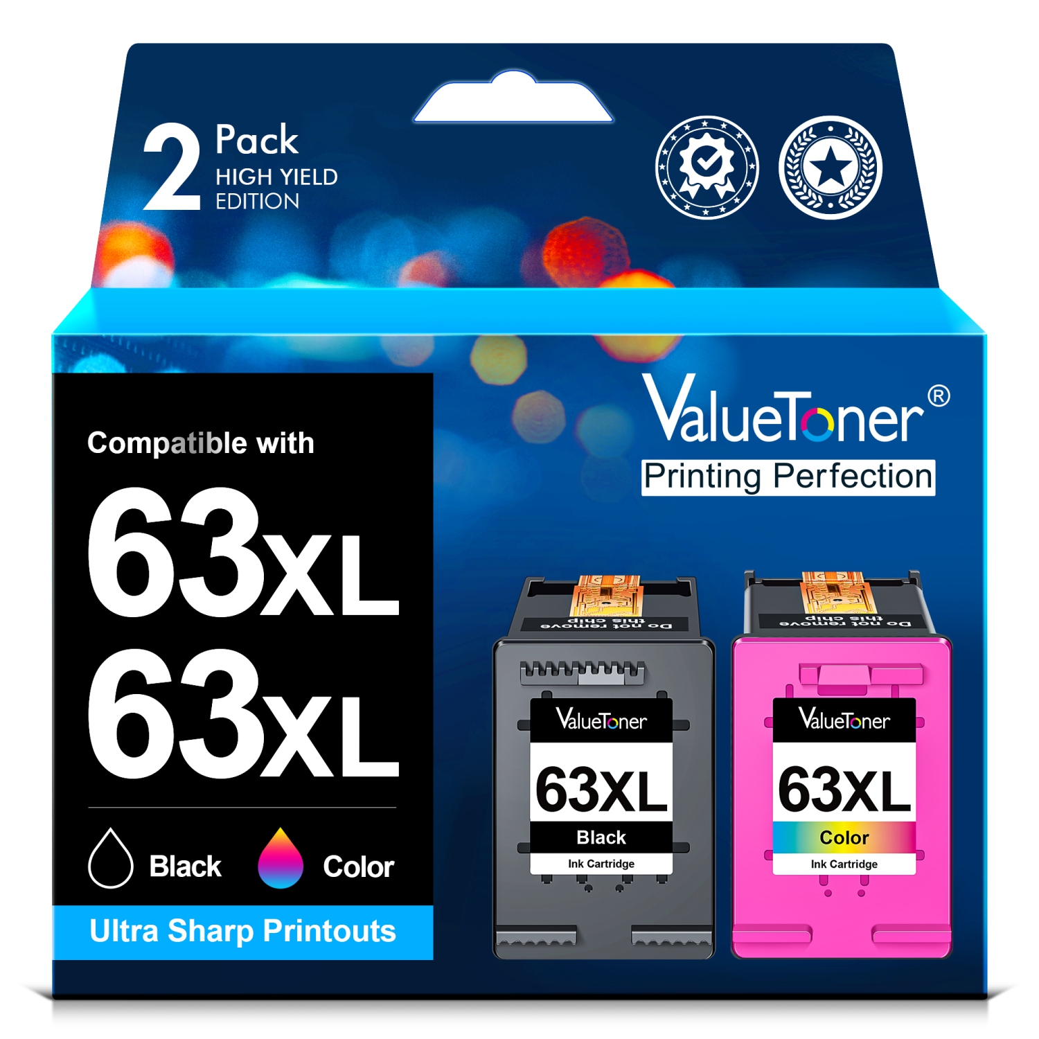 Valuetoner Refurbished (Excellent) Ink Cartridge Replacement for HP 63 XL 63XL for Envy 4512 Officejet 3830 4655 5252 Deskjet 2132 3630 (Black, Color, 2-Pack)