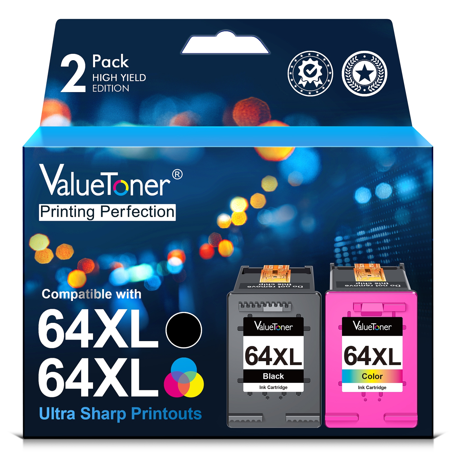 Valuetoner Refurbished Ink Cartridge Replacement for HP 64XL 64 XL for Envy Photo 7855 7858 7800 7100 7155 6255 7164 (Black, Color, 2-Pack)
