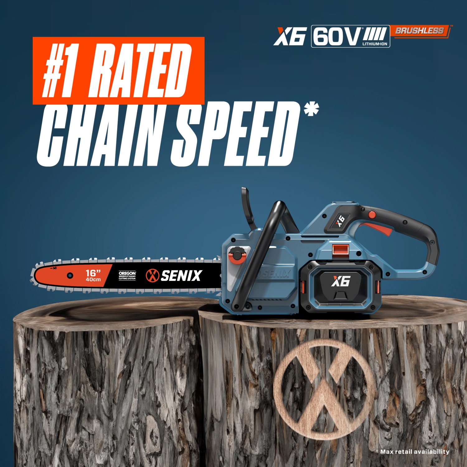 SENIX X6 60V Max* 16-Inch Cordless Chainsaw – 26m/s Chain Speed, Oregon Bar & Chain, Brushless Motor, Tool-Free Tensioning, ECO Mode, 4.0 Ah Battery