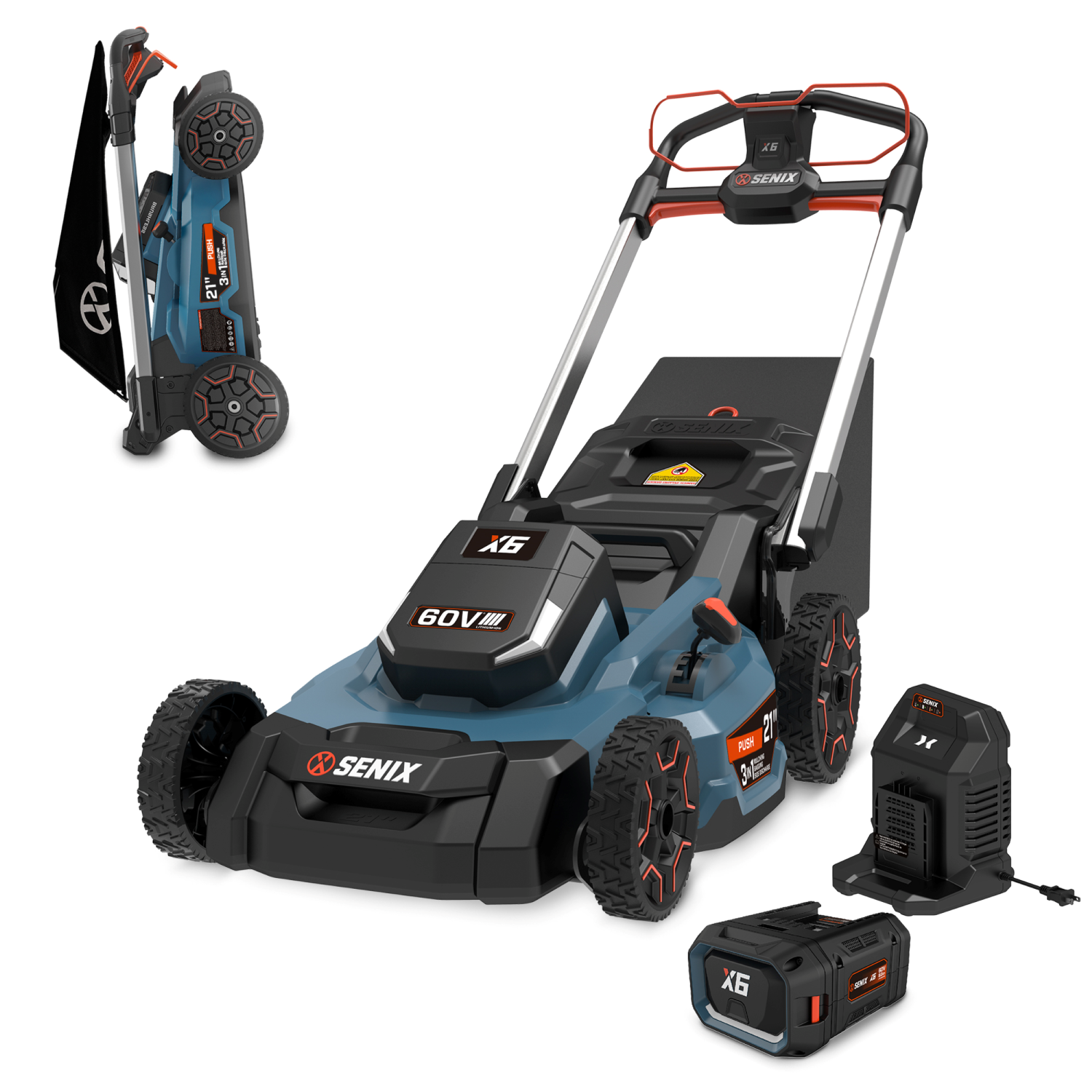 SENIX X6 60V Max* 21-Inch Cordless Push Lawn Mower – Brushless Motor, 3-in-1 Cutting, Smart Display, 60-Min Runtime, 6.0 Ah Battery and Charger