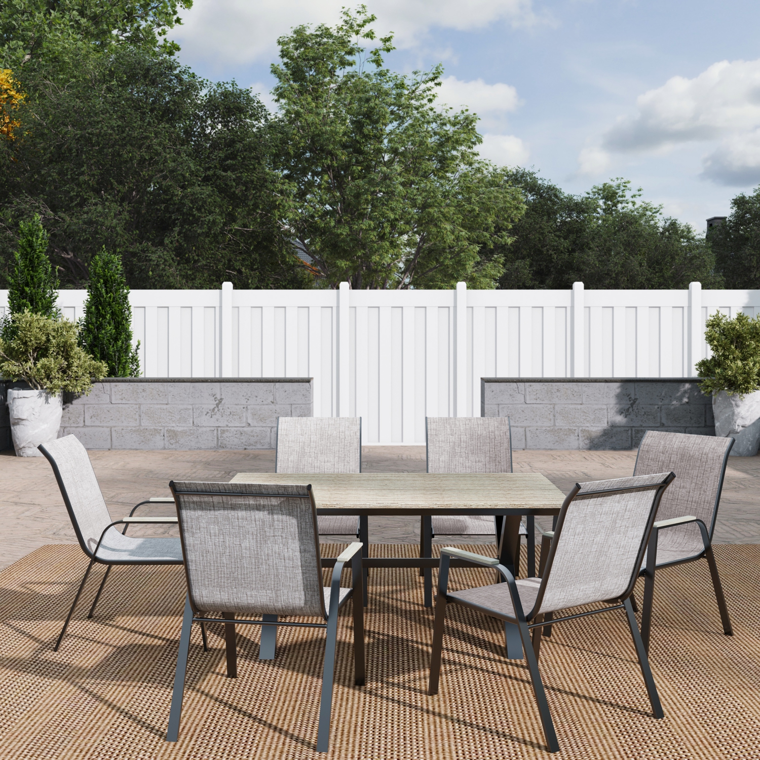 Deko Living 6 Place Seating Outdoor Aluminum Patio Dining Table Set and Chairs with Brown Textilene Fabric