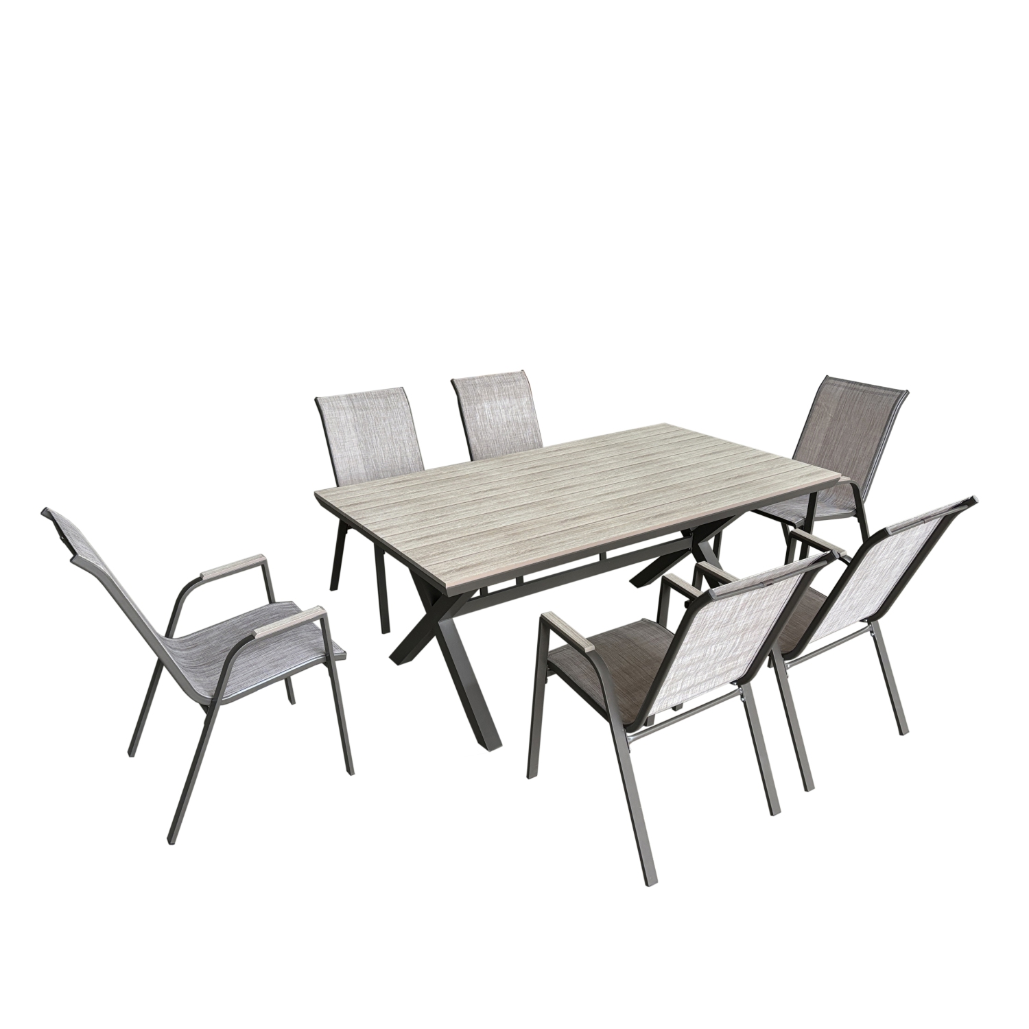 Deko Living 6 Place Seating Outdoor Aluminum Patio Dining Table Set and Chairs with Brown Textilene Fabric