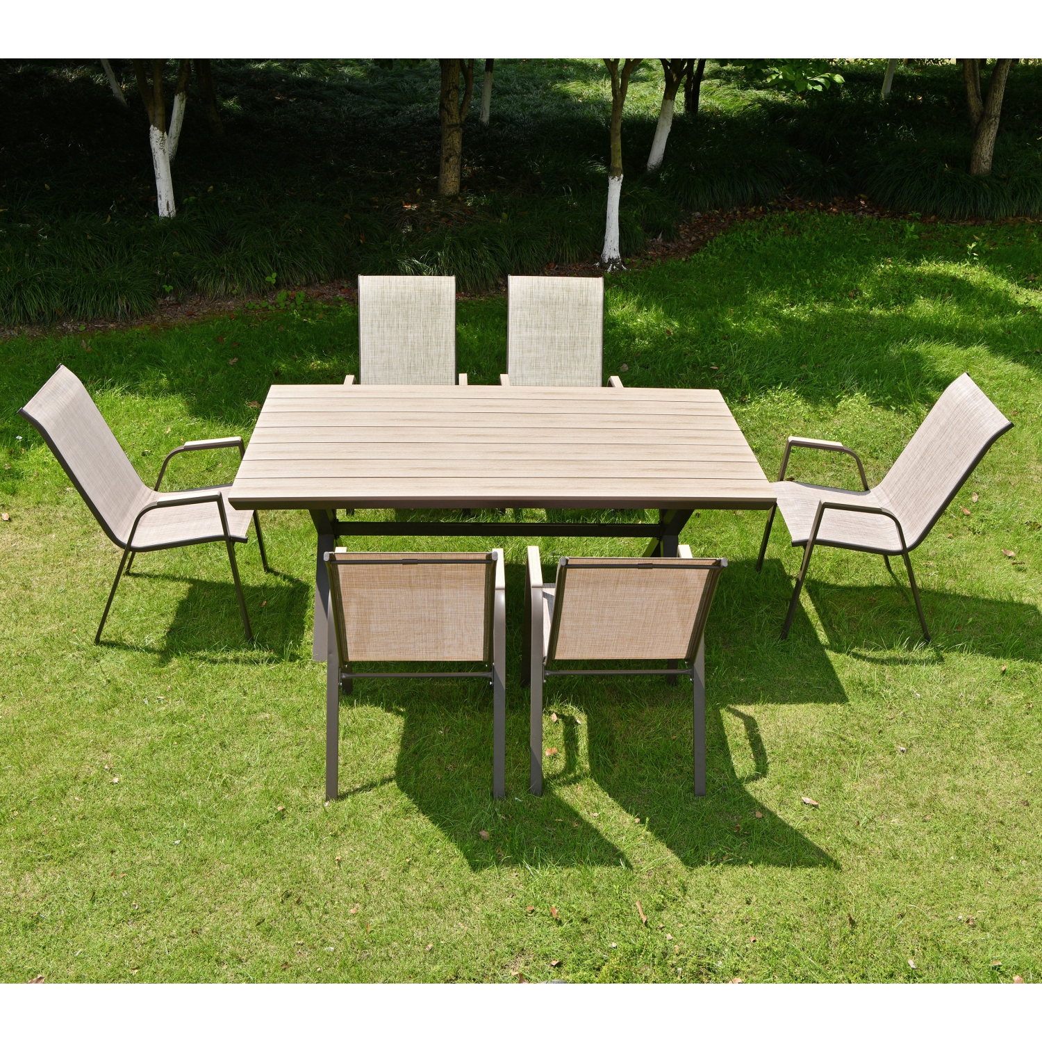 Deko Living 6 Place Seating Outdoor Aluminum Patio Dining Table Set and Chairs with Brown Textilene Fabric