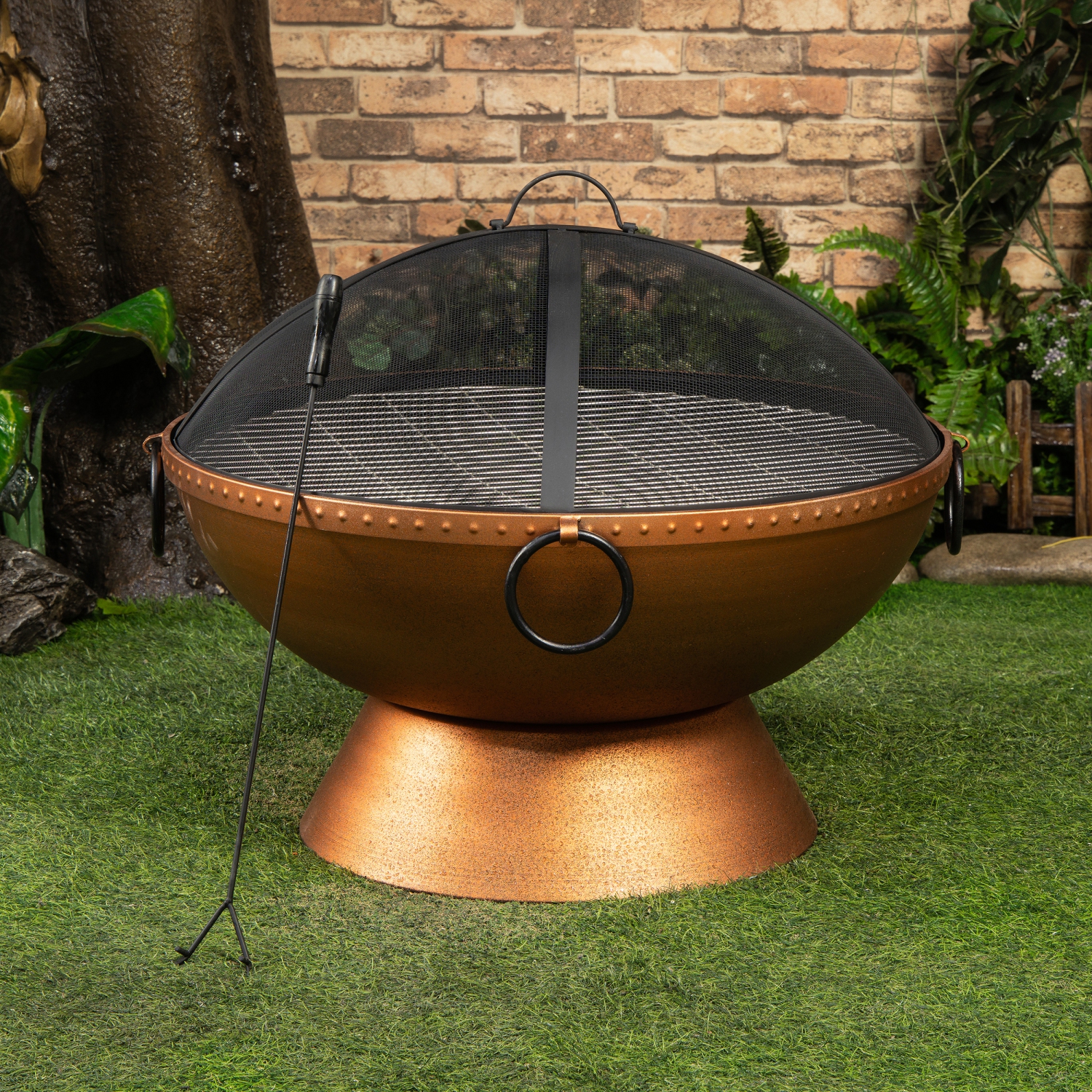 Deko Living 31 Inch Round Outdoor Steel Wood Burning Firebowl / Firepit with Screen Lid and Poker