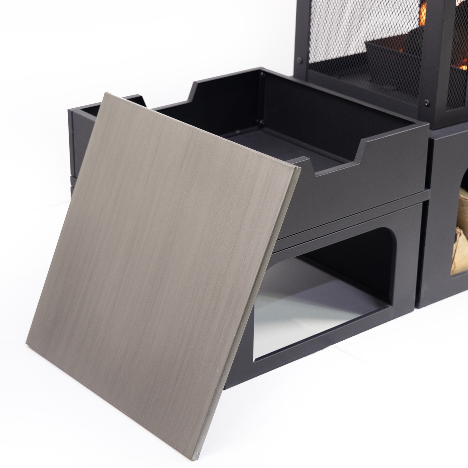 Foyer à bois rectangulaire extérieur en acier de 70 po de Deko Living avec rangement pour bûches, tisonnier et tables d'appoint