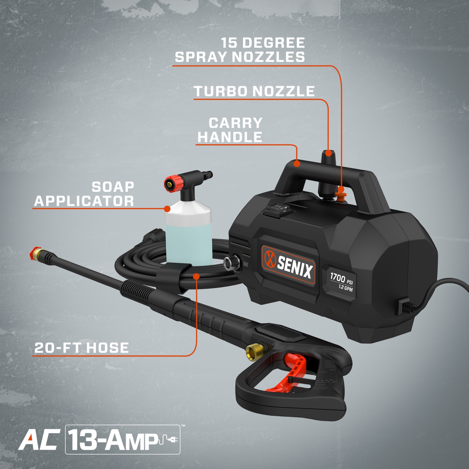 Pulvérisateur électrique de 13 a 1700 lb/po² de 1,2 gal/min avec Canon en mousse, pistolet à pulvérisation, tuyau de 20 pi, embout turbo et