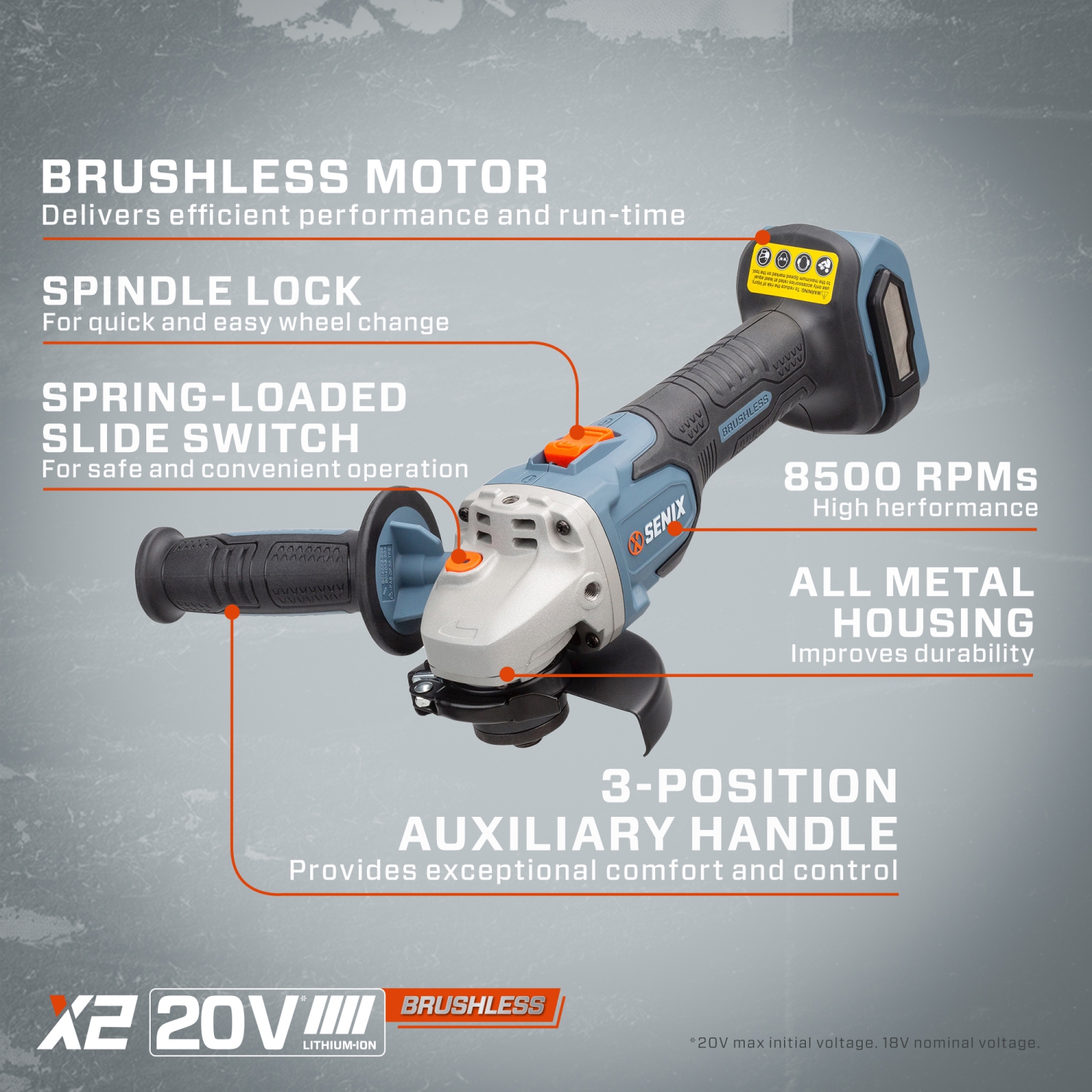 SENIX X2 20V Max* 4-1/2-Inch Cordless Angle Grinder, Brushess (PAX2115-M2-0)