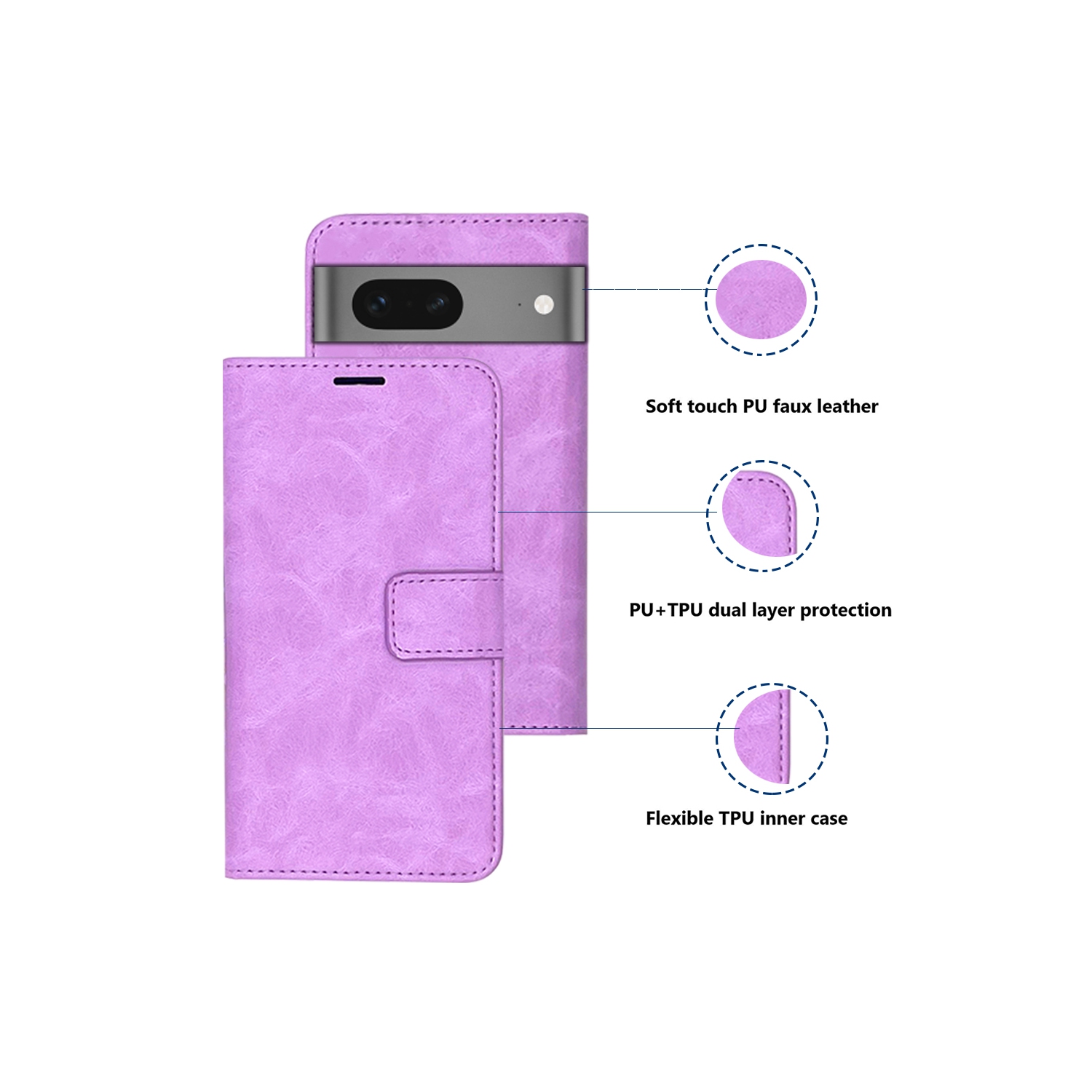 XCRS – Étui pour Pixel 8&nbsp;A 2024 en cuir de polyuréthane avec fente pour carte de Google, cordon