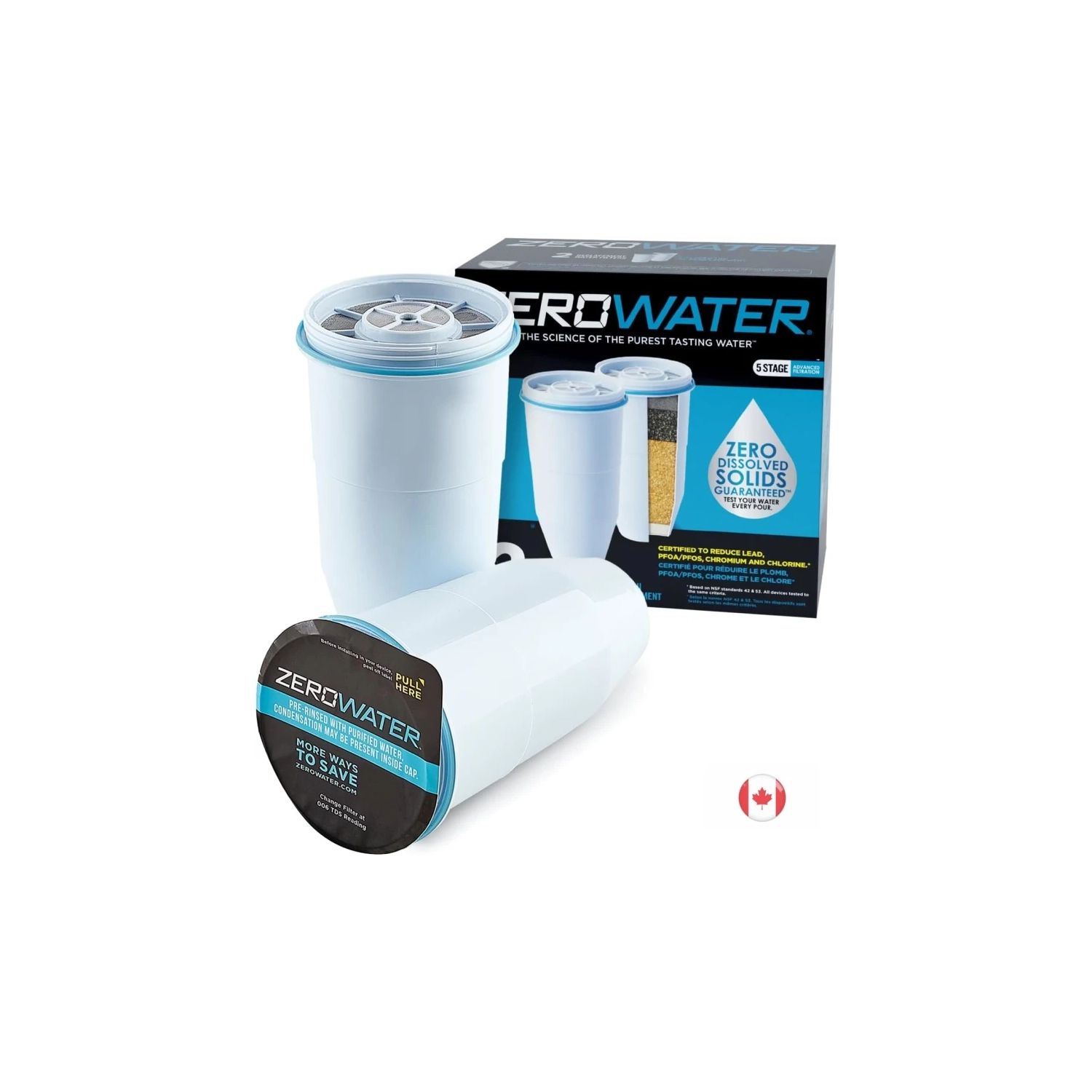 ZeroWater Replacement Filter 2-Pack - 5-Stage 0 TDS Filter, IAPMO Certified, Reduces Lead, Chromium, PFOA/PFOS