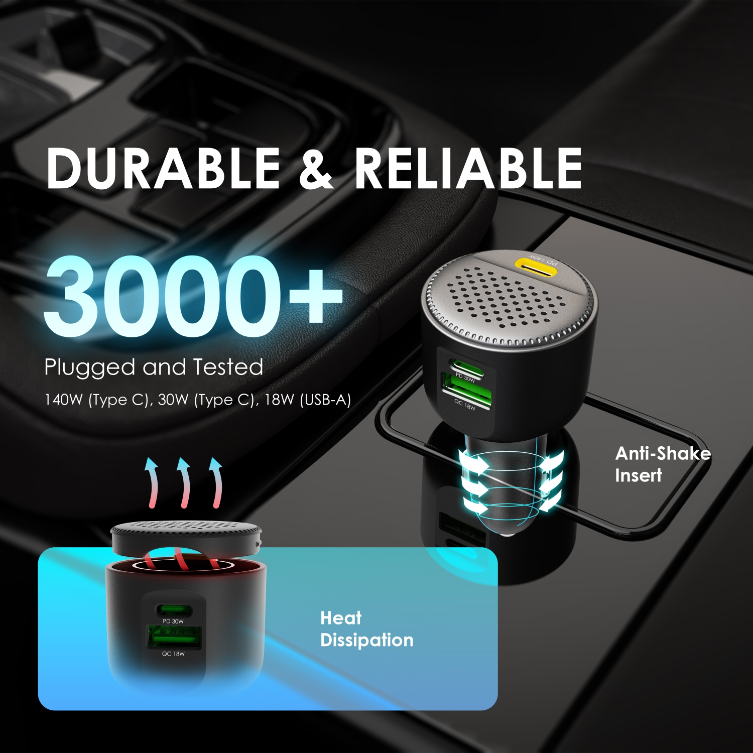 Chargeur rapide pour véhicule 170&nbsp;W de Rexing avec port USB-C 2 et USB 1 compatible avec iPhone et Samsung Note - Noir