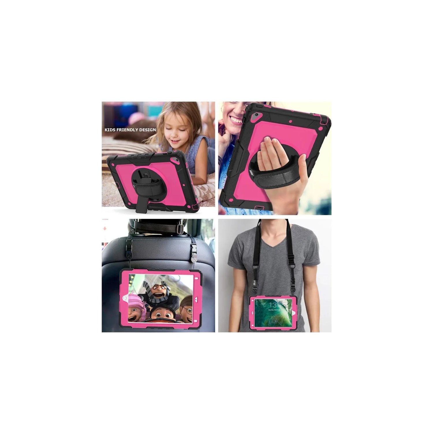 iPad – Étui pour enfants 6th/5th génération avec porte-crayon et protecteur d’écran – Étui rigide antichoc robuste avec support et bandoulière, pour