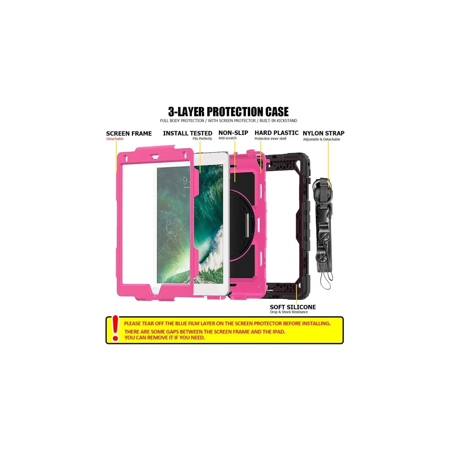 iPad – Étui pour enfants 6th/5th génération avec porte-crayon et protecteur d’écran – Étui rigide antichoc robuste avec support et bandoulière, pour