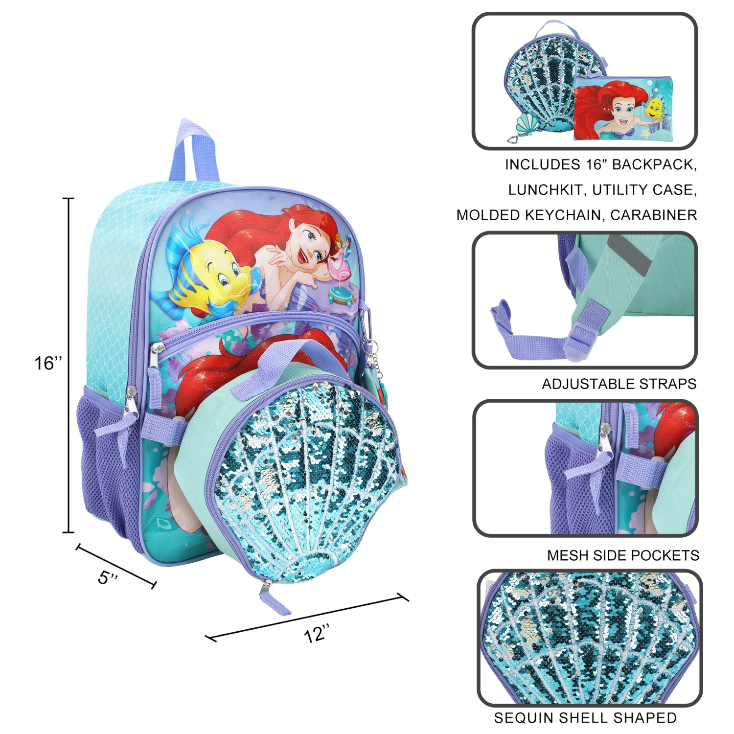 Disney Princess The Little Mermaid Kids 16" Backpack and Lunch Bag 5 Piece Set