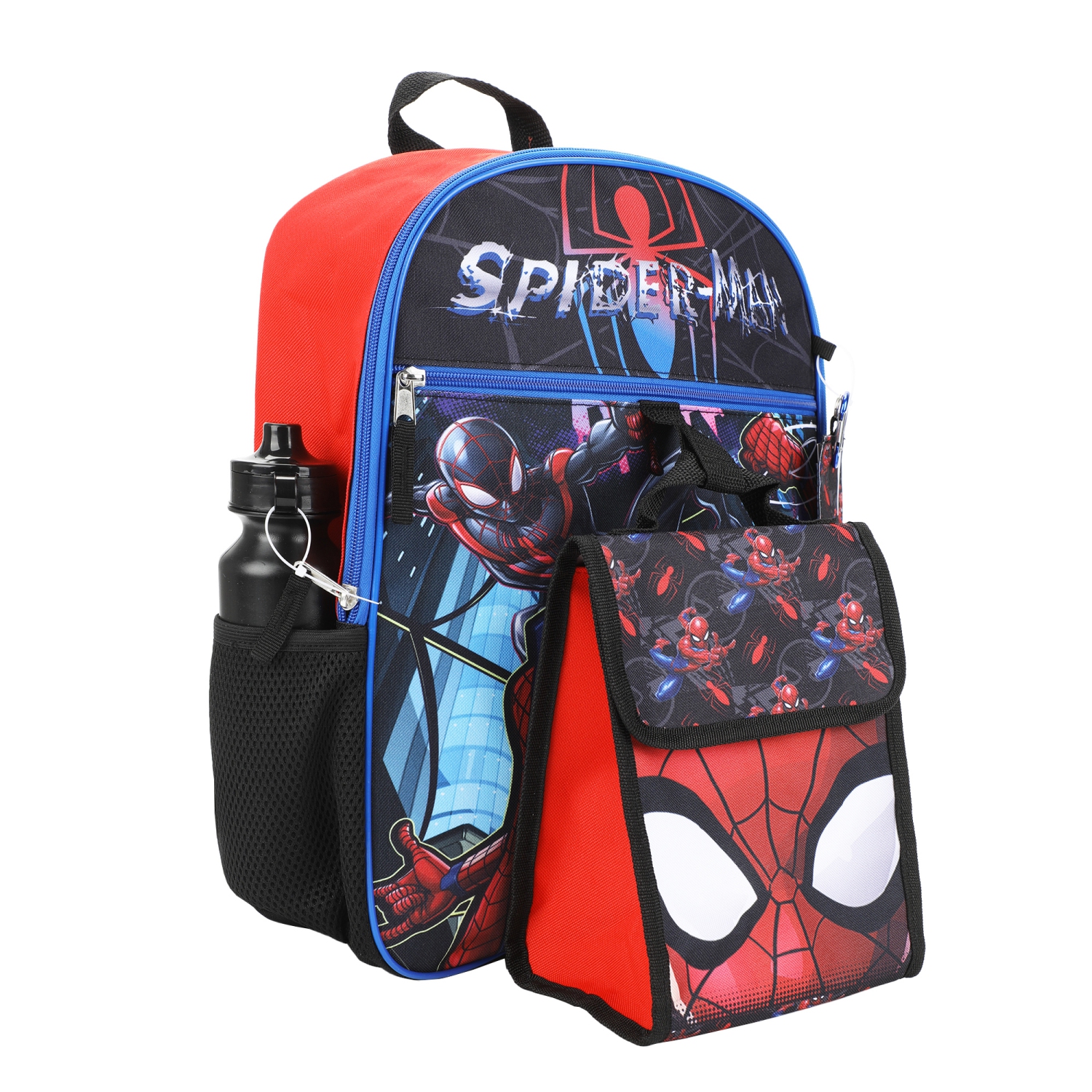 Spider-Man Miles Morales and Peter Parker Collage Kids 16" Backpack and Lunch Bag 5 Piece Set