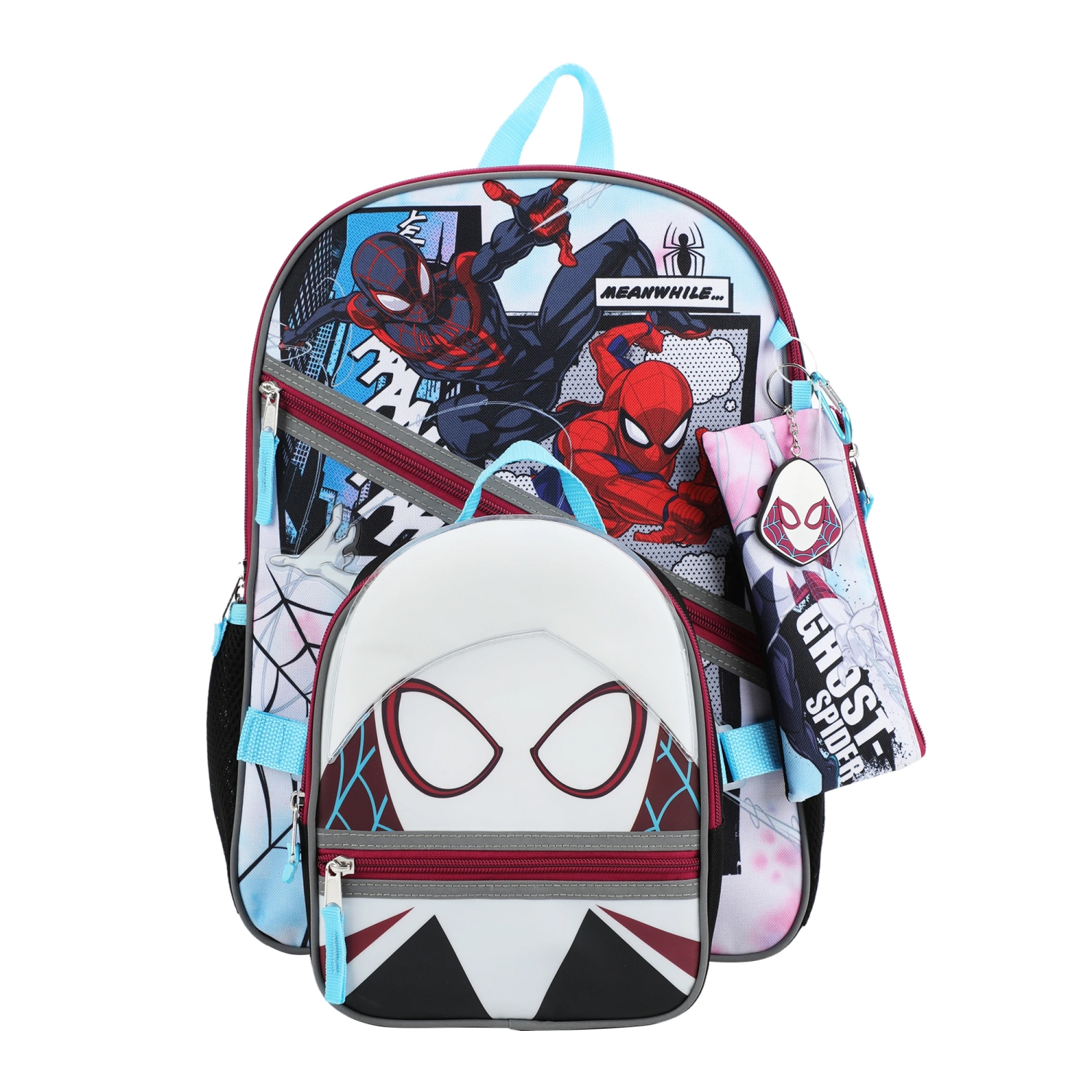 Spider-Man Ghost-Spider Miles and Peter Kids 16" Backpack and Lunch Bag 5 Piece Set