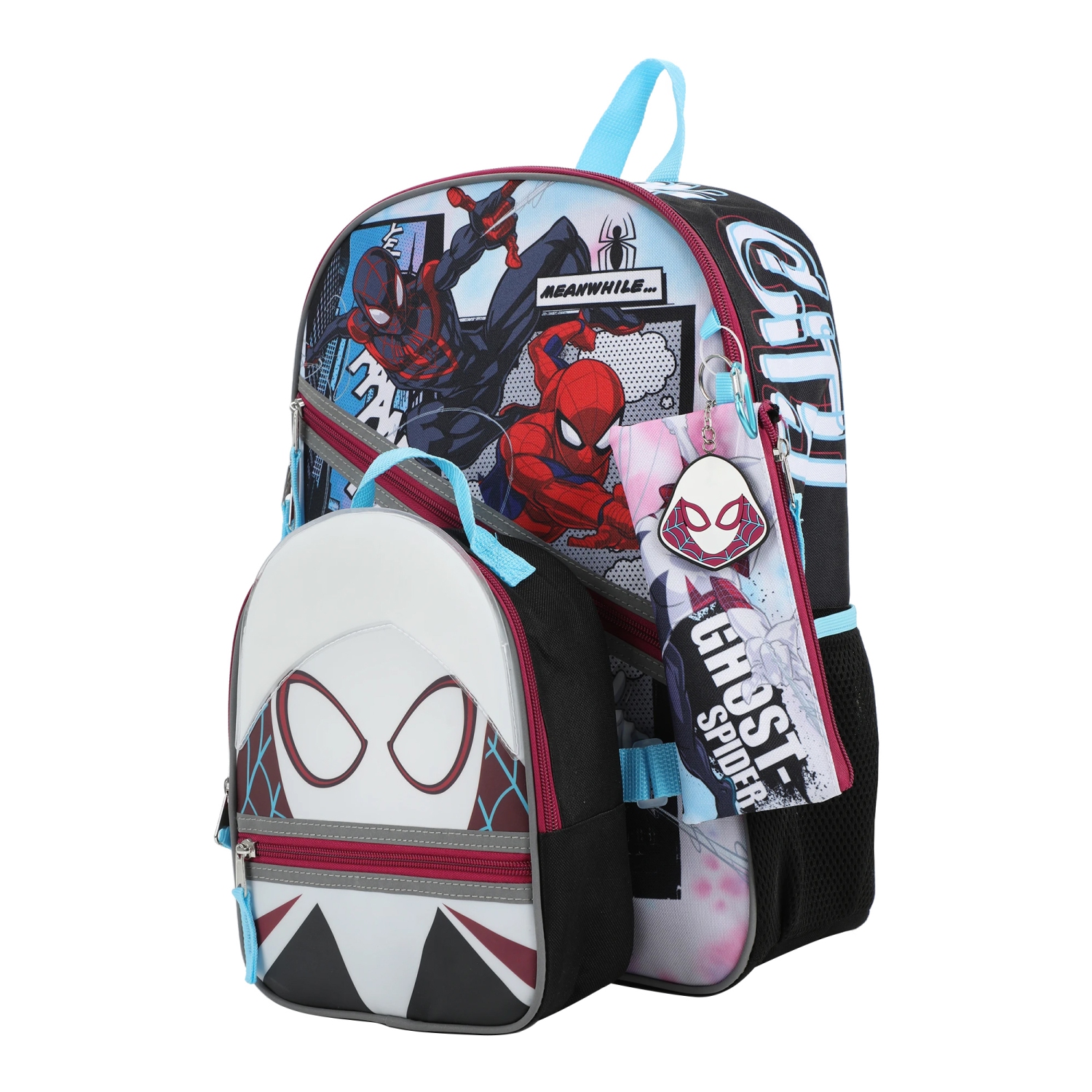 Spider-Man Ghost-Spider Miles and Peter Kids 16" Backpack and Lunch Bag 5 Piece Set