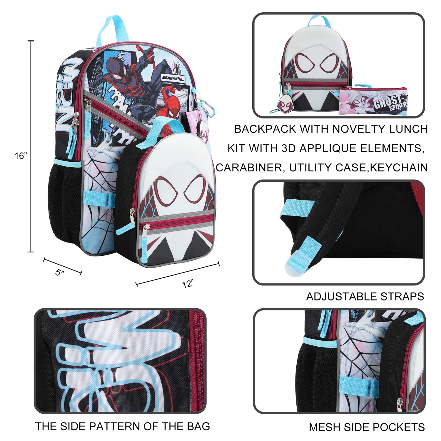 Spider-Man Ghost-Spider Miles and Peter Kids 16" Backpack and Lunch Bag 5 Piece Set