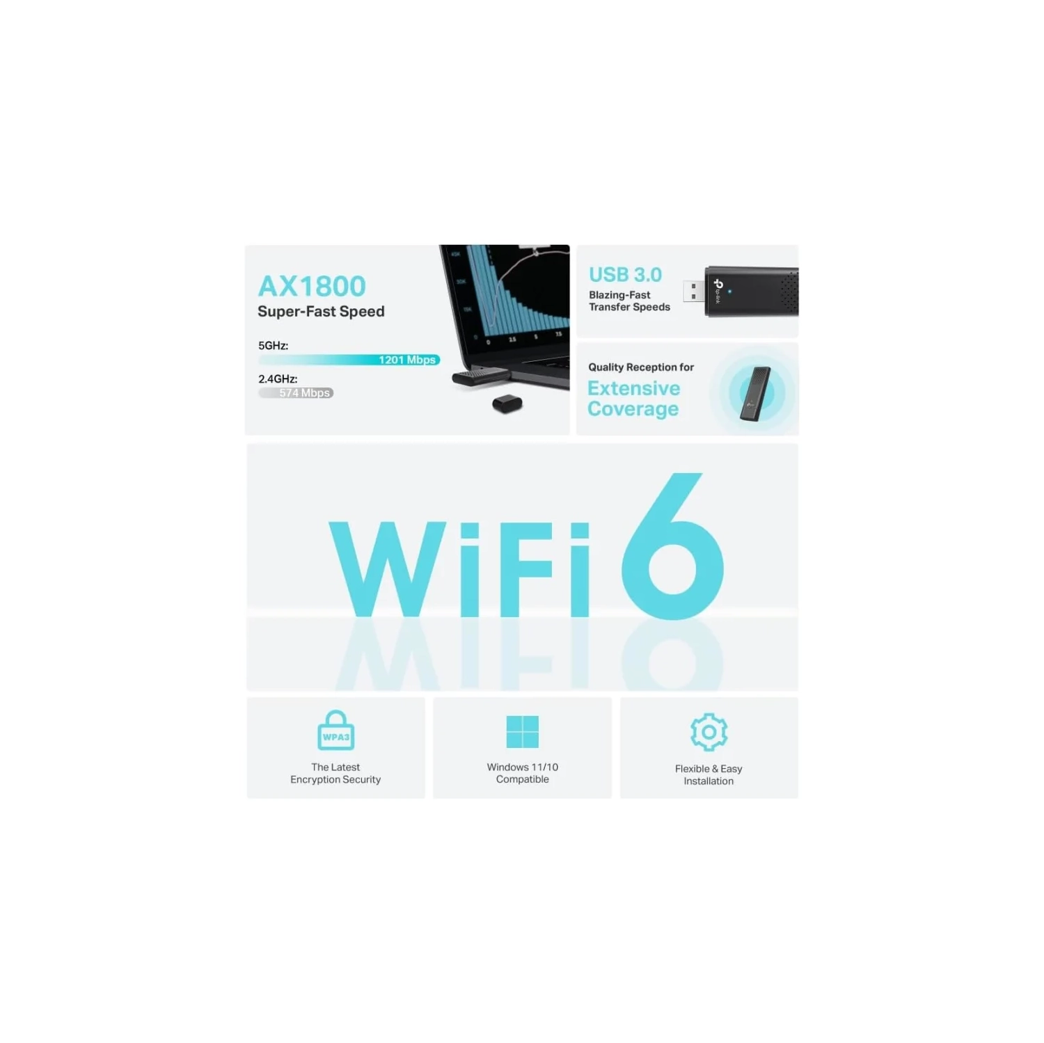 AX1800 Dual Band Wi-Fi 6 USB Adapter - 2.4GHz & 5GHz Antenna, SuperSpeed USB 3.0, WPA3, Supports Windows 11/10