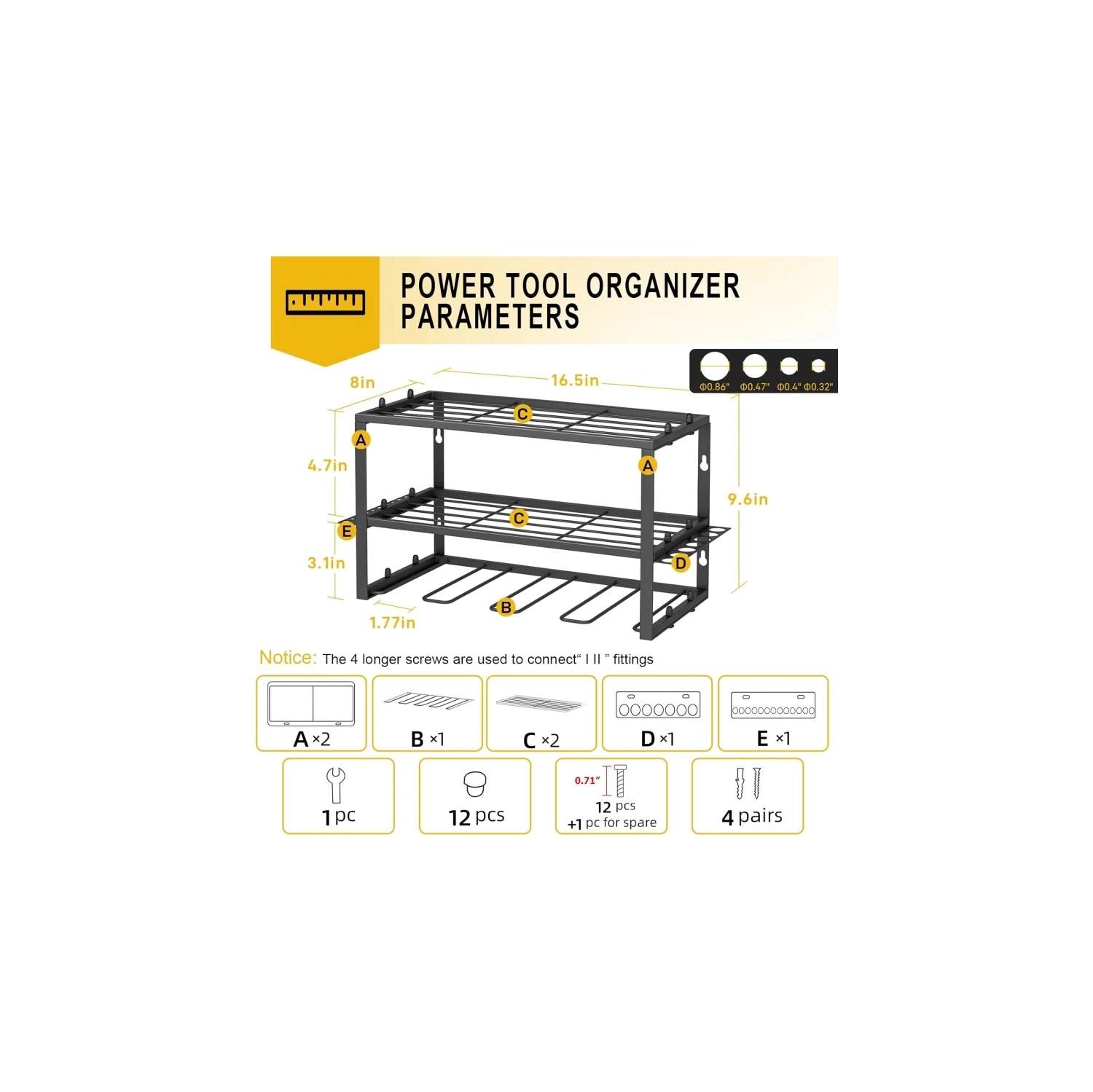 Power Tool Organizer & Drill Holder | Heavy Duty 3-Layer Tool Rack | Wall Mounted Storage for 4 Drills