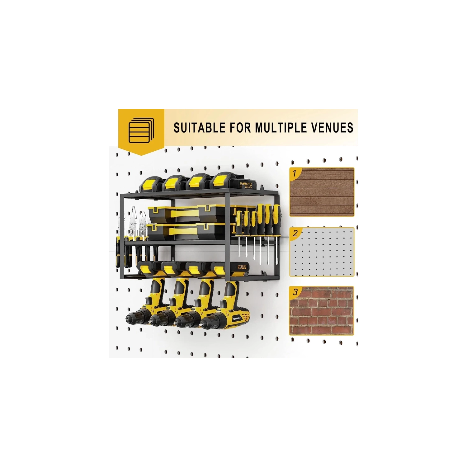 Power Tool Organizer & Drill Holder | Heavy Duty 3-Layer Tool Rack | Wall Mounted Storage for 4 Drills