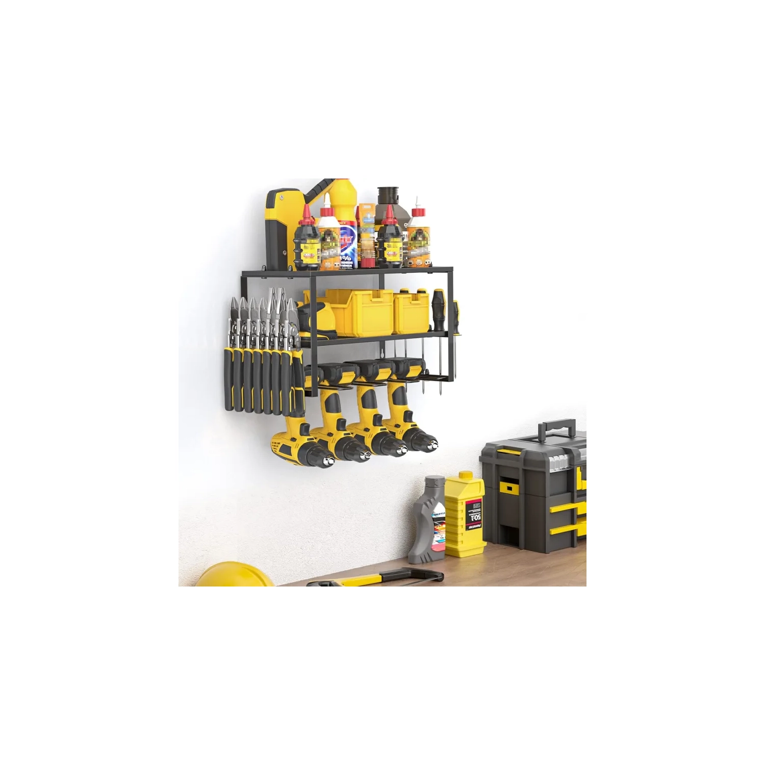 Power Tool Organizer & Drill Holder | Heavy Duty 3-Layer Tool Rack | Wall Mounted Storage for 4 Drills