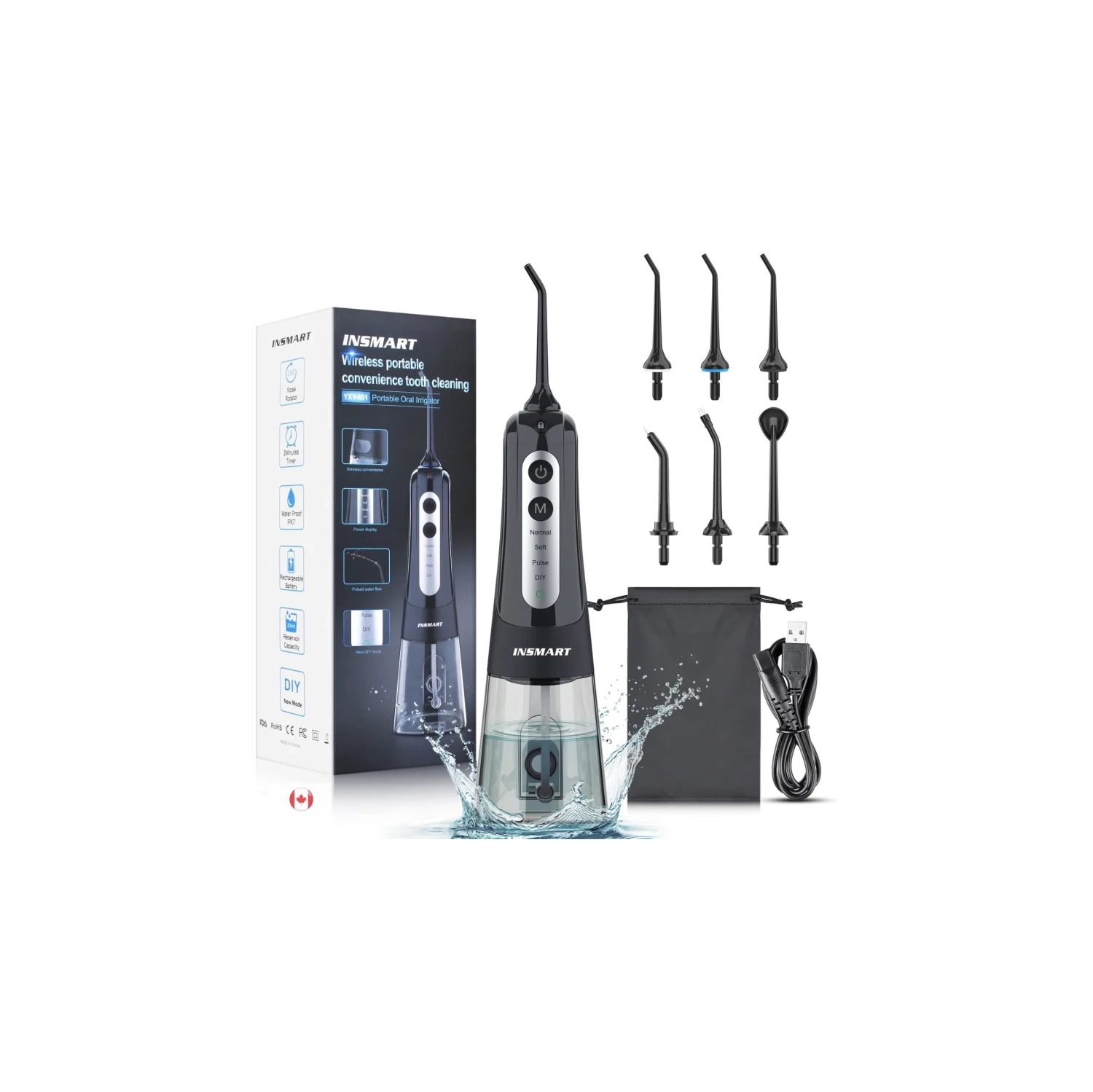 Cordless Water Flosser Dental Pick | Professional Oral Irrigator with 4 DIY Modes | IPX7 Waterproof, 300ML Tank, USB Rechargeable | Black