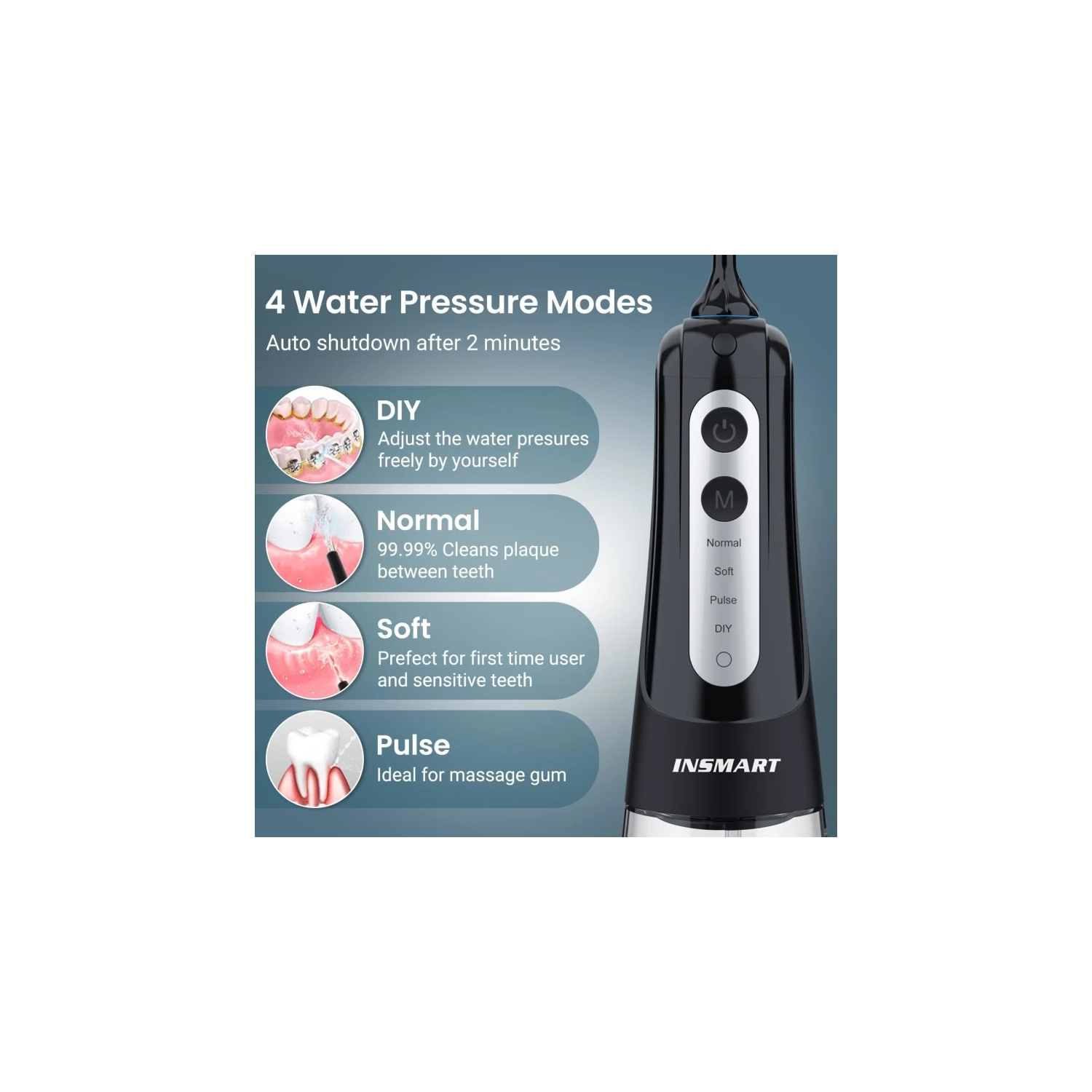 Pick dentaire pour hydropulseur sans fil | irrigation orale professionnelle avec 4 modes DIY | IPX7 étanche, 300ml Tank, USB rechargeable | Noir