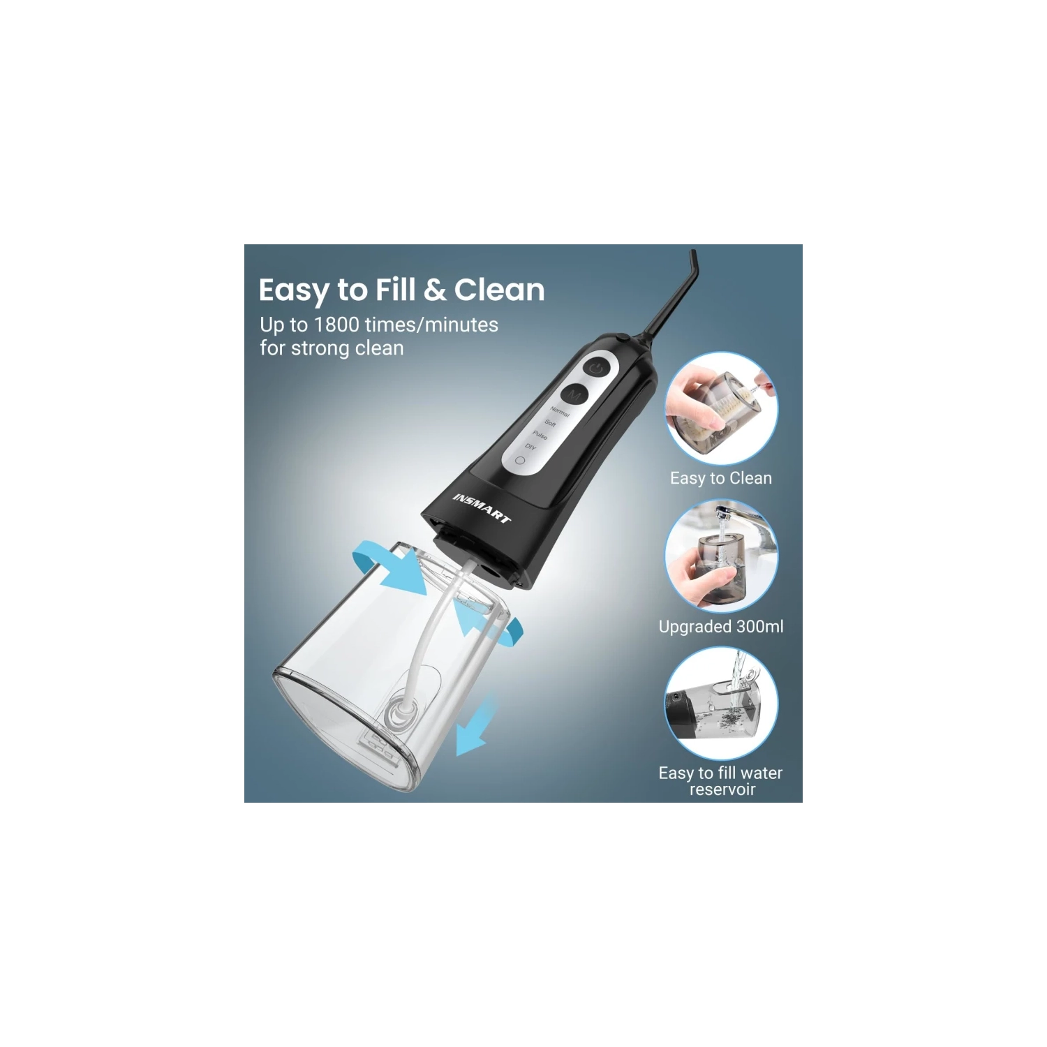 Pick dentaire pour hydropulseur sans fil | irrigation orale professionnelle avec 4 modes DIY | IPX7 étanche, 300ml Tank, USB rechargeable | Noir