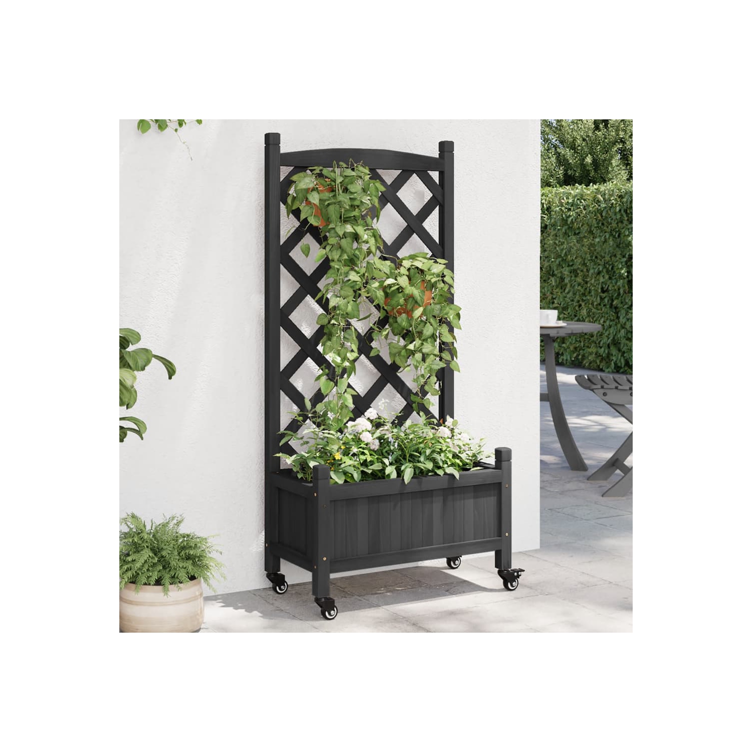 Jardinière avec treillis et sapin en bois massif noir à roulettes de vidaXL