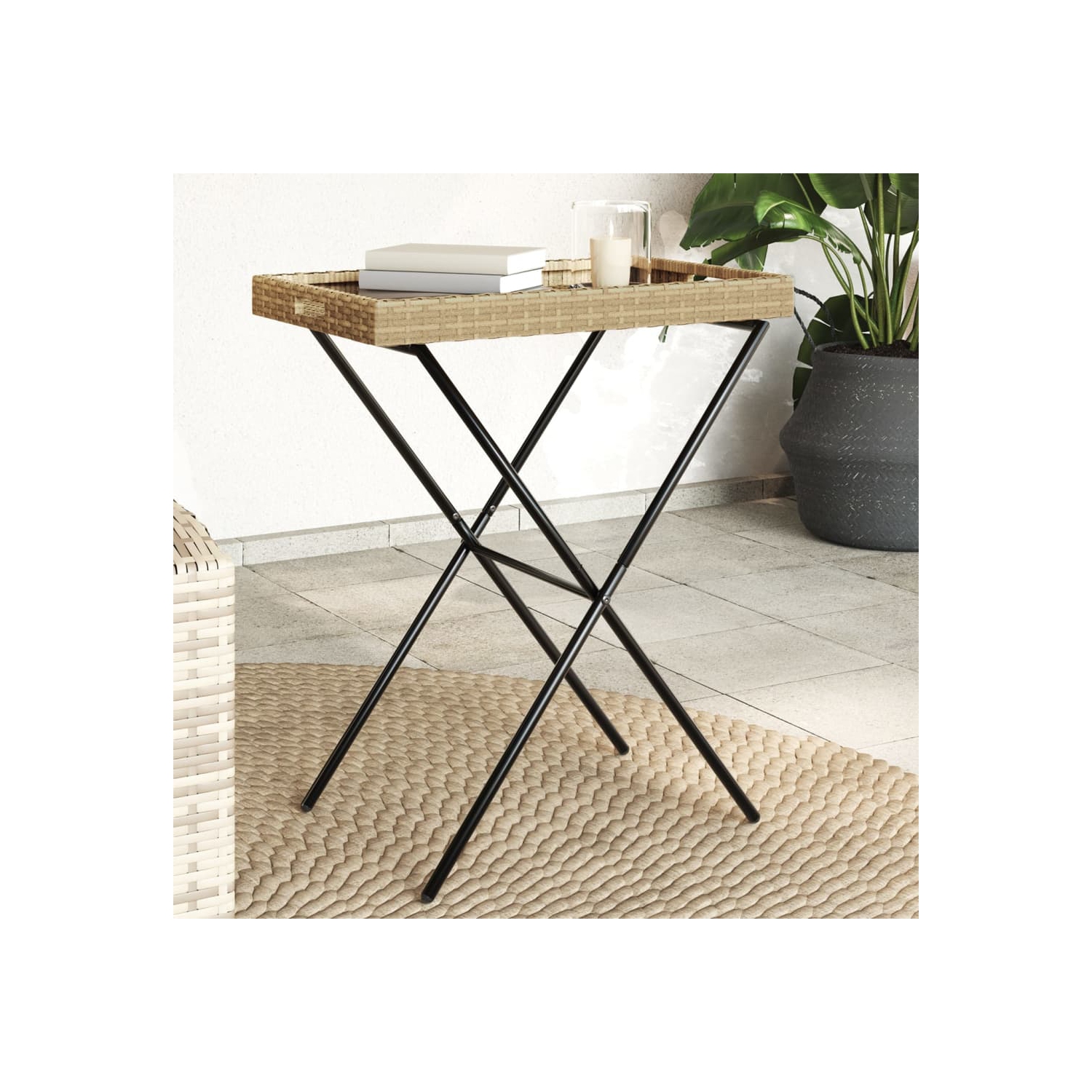 Table pliante à plateau vidaXL en poly rotin beige, 65 x 40 x 40 x 75&nbsp;cm