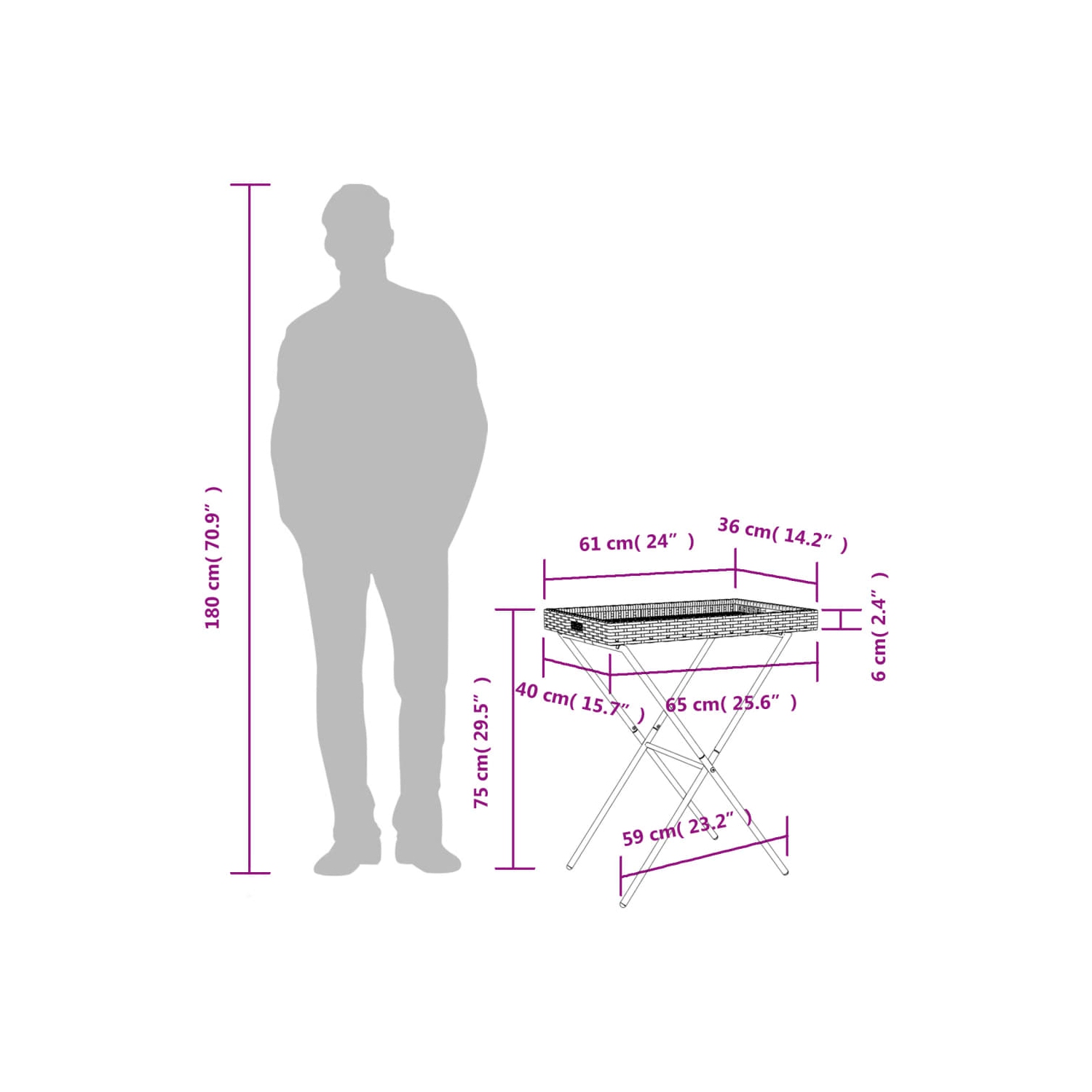 Table pliante à plateau vidaXL en poly rotin beige, 65 x 40 x 40 x 75&nbsp;cm