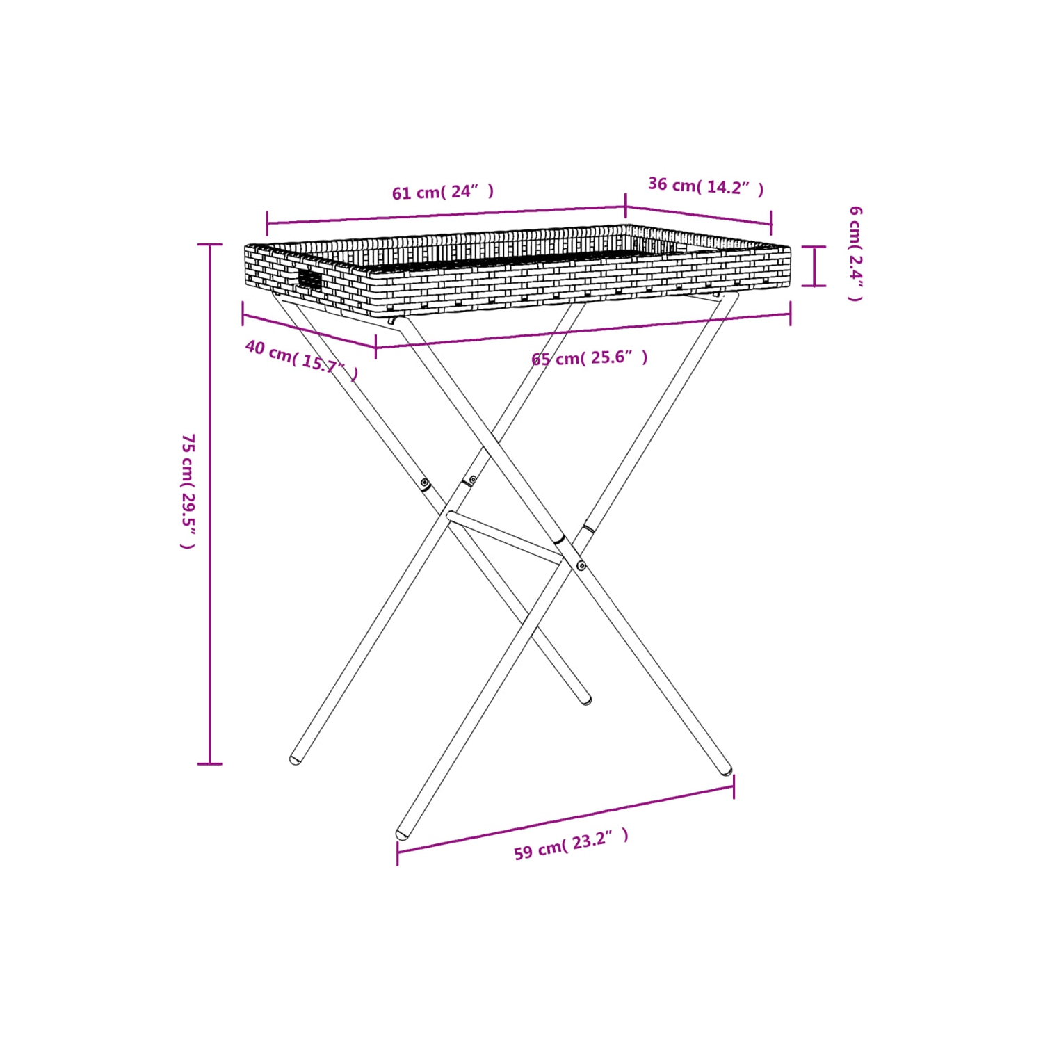 Table pliante vidaXL en poly rotin gris 65x40 x 75 cm
