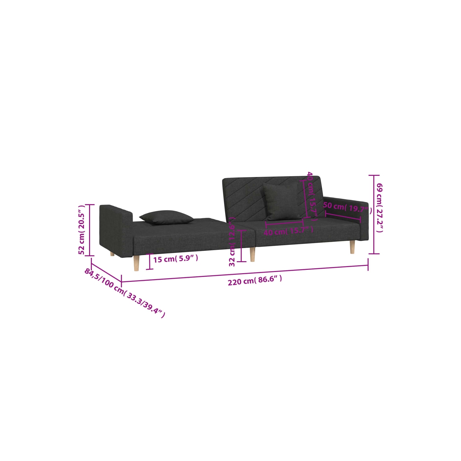 vidaXL 2-Seater Sofa Bed with Two Pillows Black Fabric