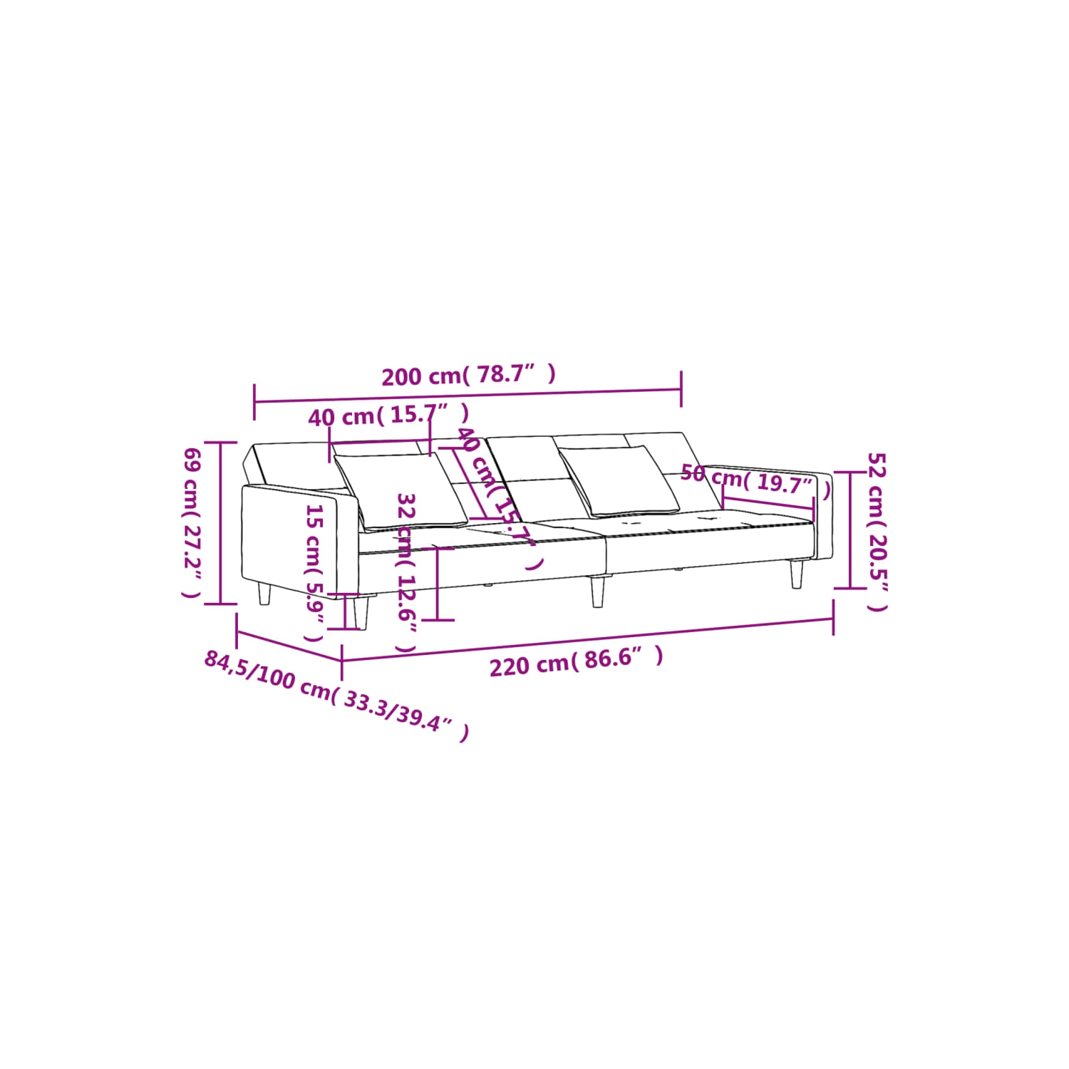 Sofa-lit à 2 places avec deux oreillers en velours gris foncé vidaXL