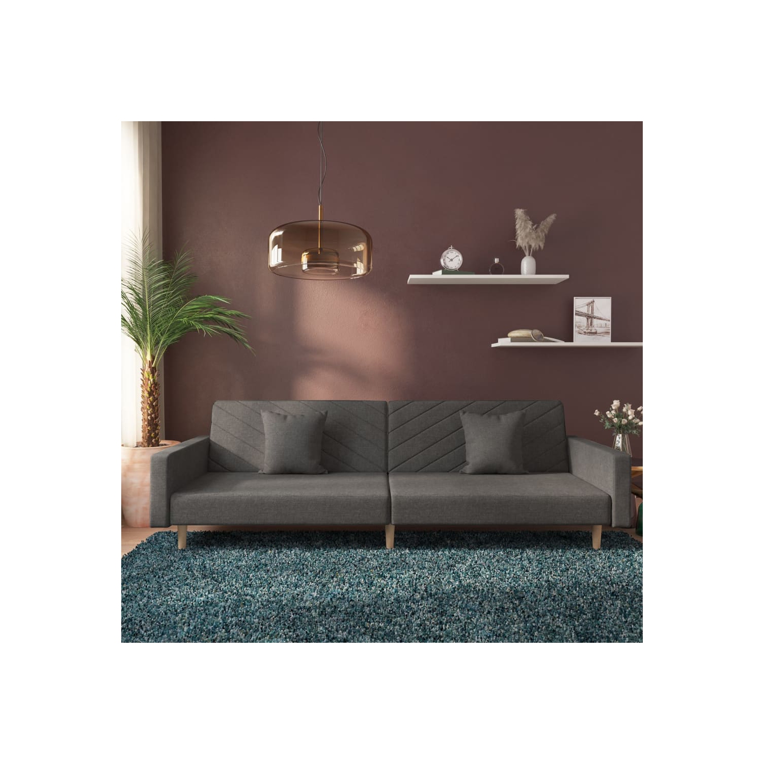 vidaXL 2-Seater Sofa Bed with Two Pillows Dark Grey Fabric