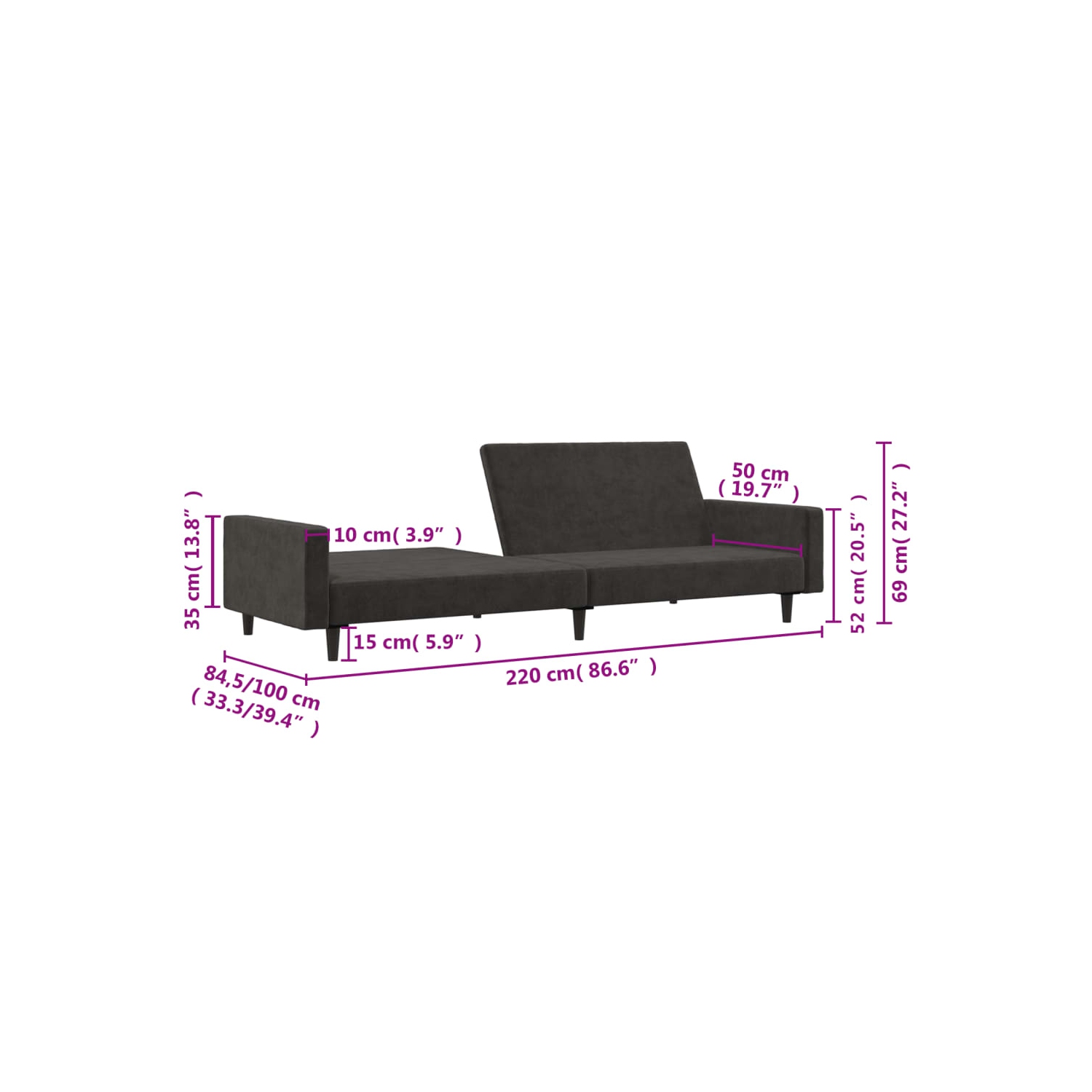 Sofa-lit à 2 places en velours gris foncé vidaXL