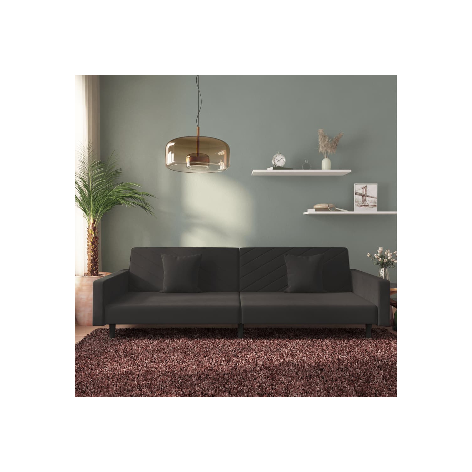 Sofa-lit à 2 places avec deux oreillers en velours noir vidaXL