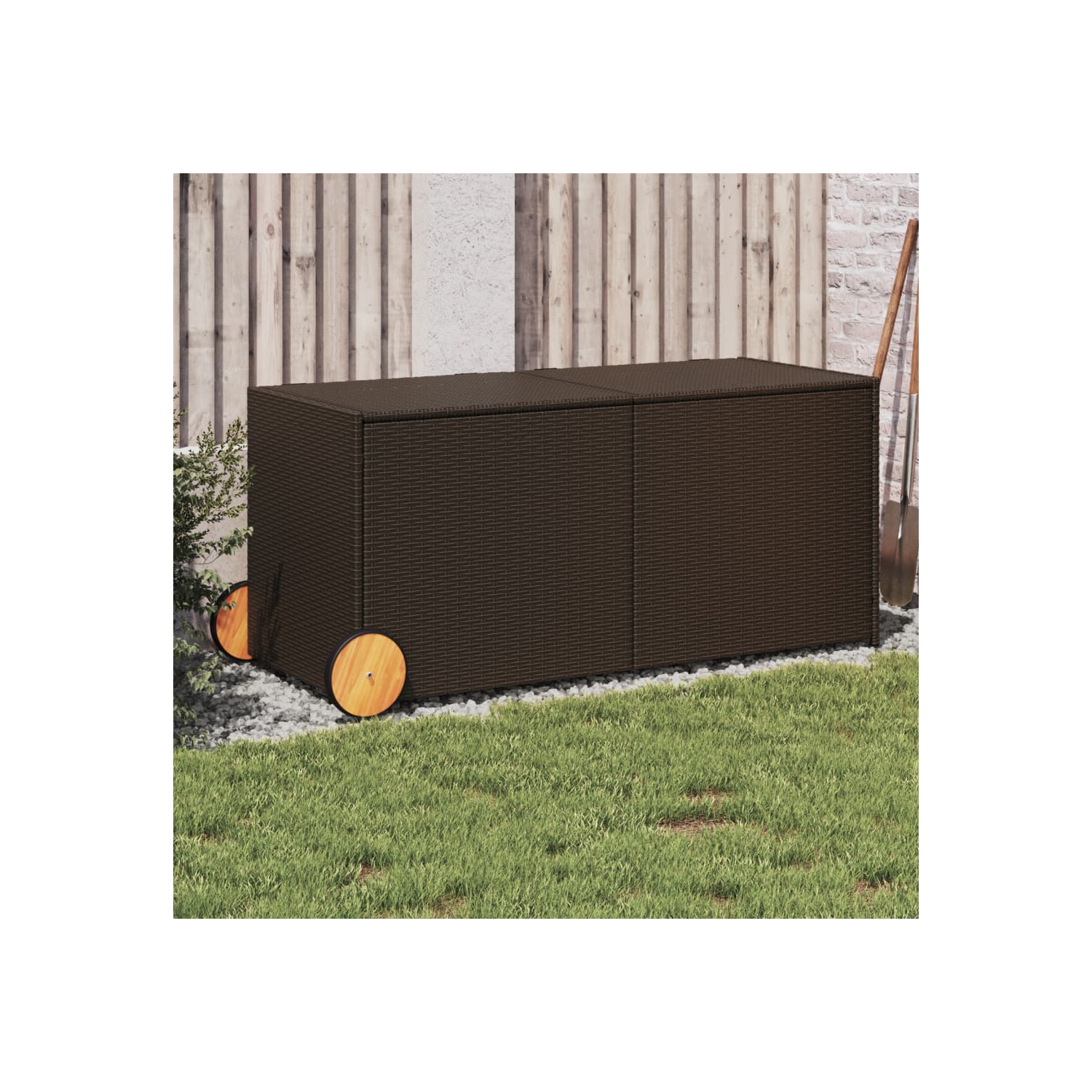 vidaXL Garden Storage Box with Wheels Brown 283L Poly Rattan
