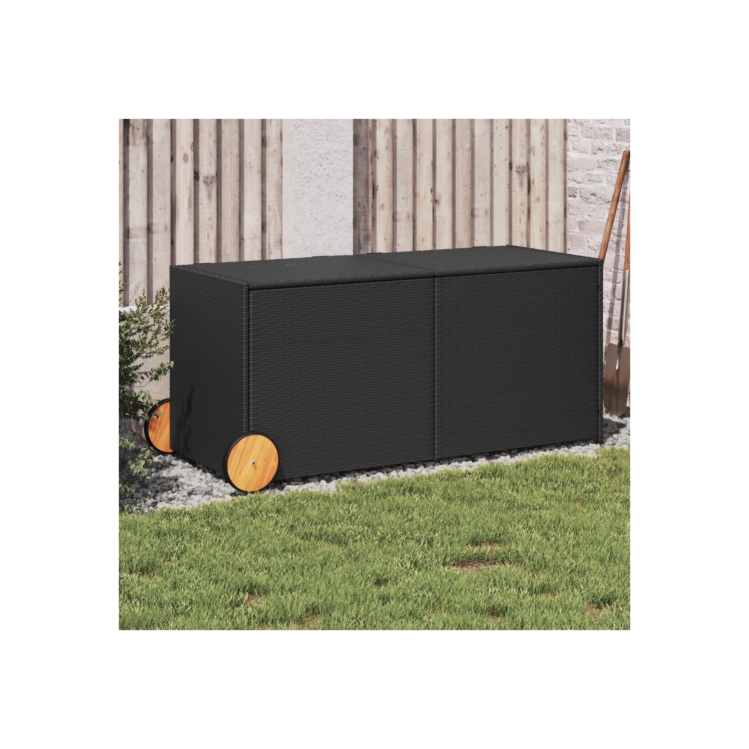 vidaXL Garden Storage Box with Wheels Black 283L Poly Rattan