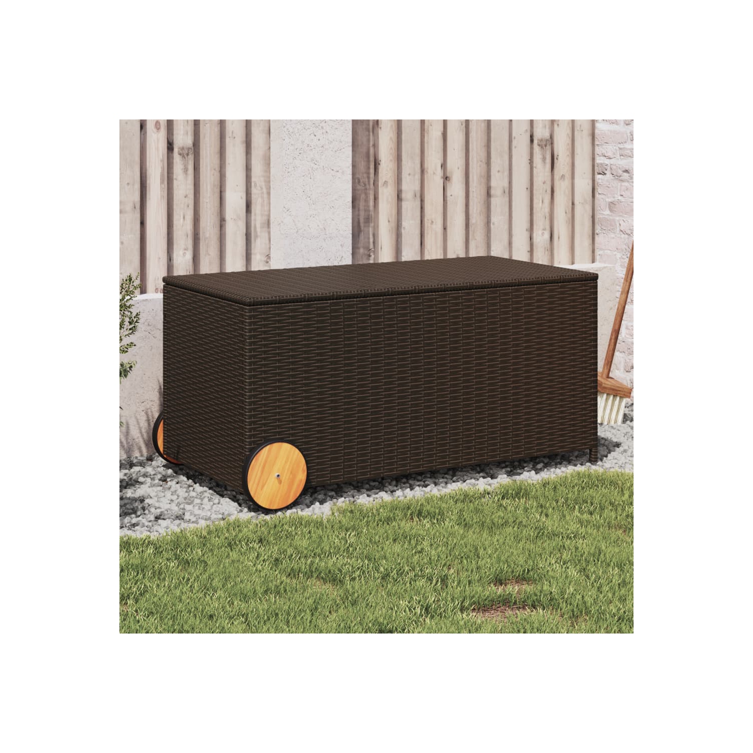 vidaXL Garden Storage Box with Wheels Brown 190L Poly Rattan