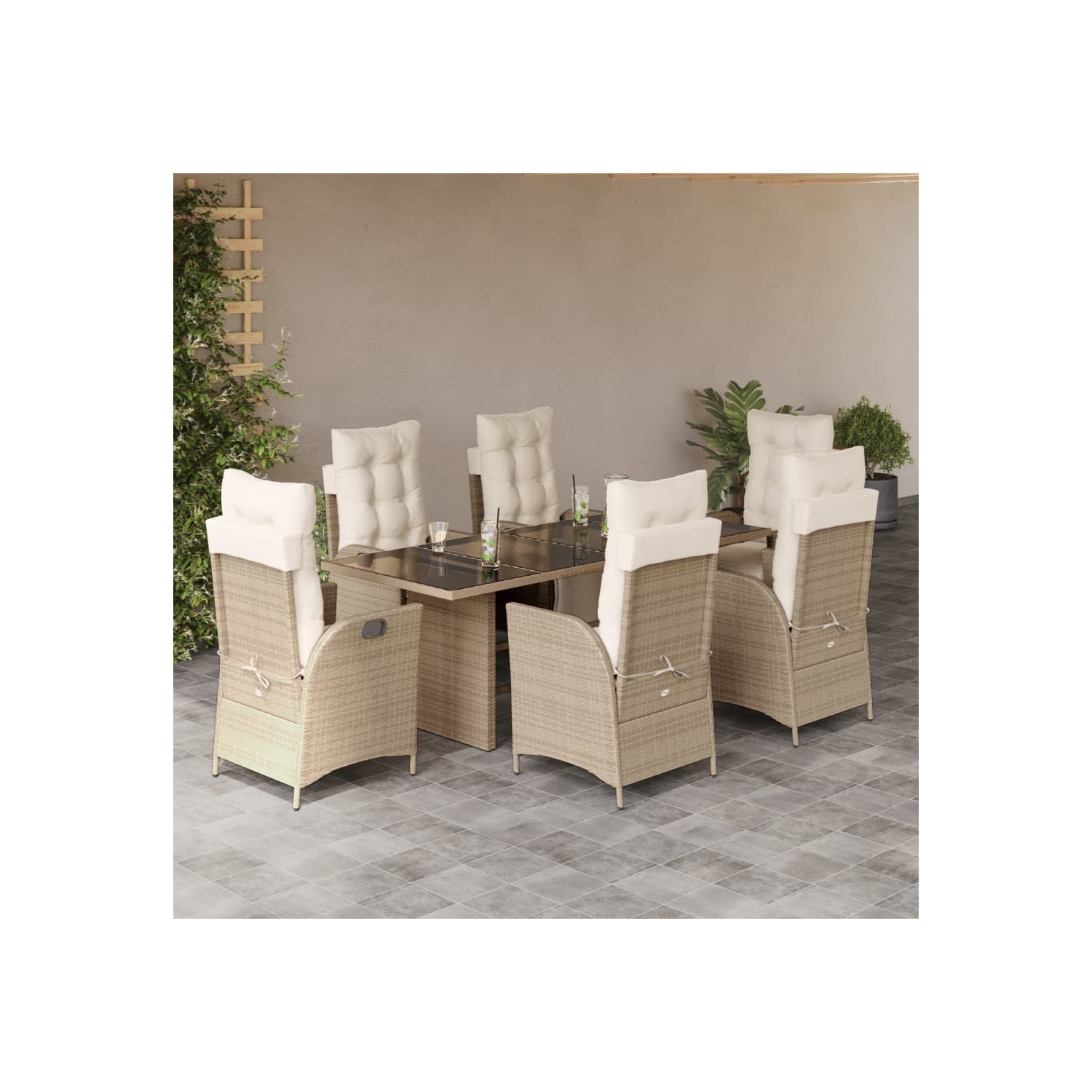 vidaXL 7 Piece Garden Dining Set with Cushions Beige Poly Rattan