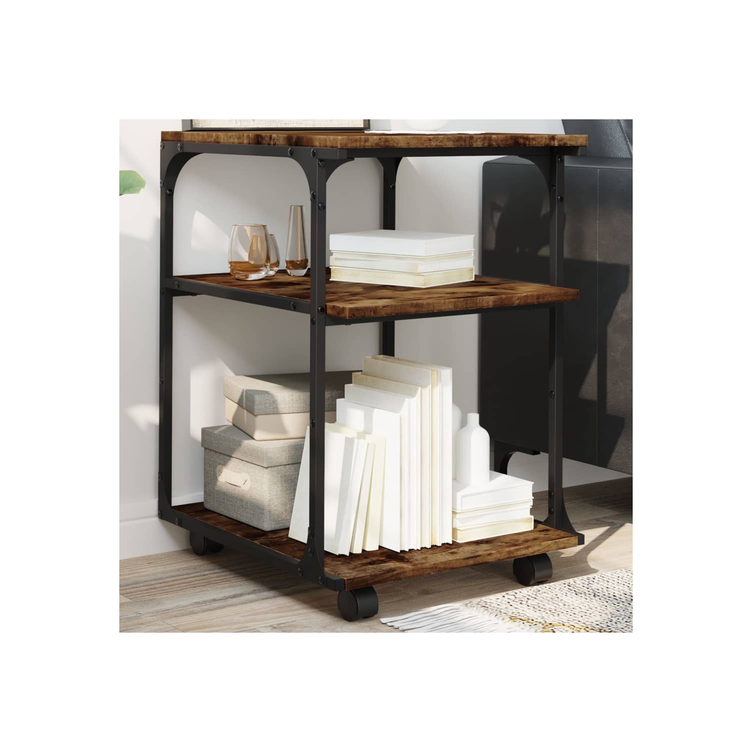 Meuble pour imprimante à 3 niveaux en chêne fumé 43 x 48 x 10 po en bois d'ingénierie de 64&nbsp;cm