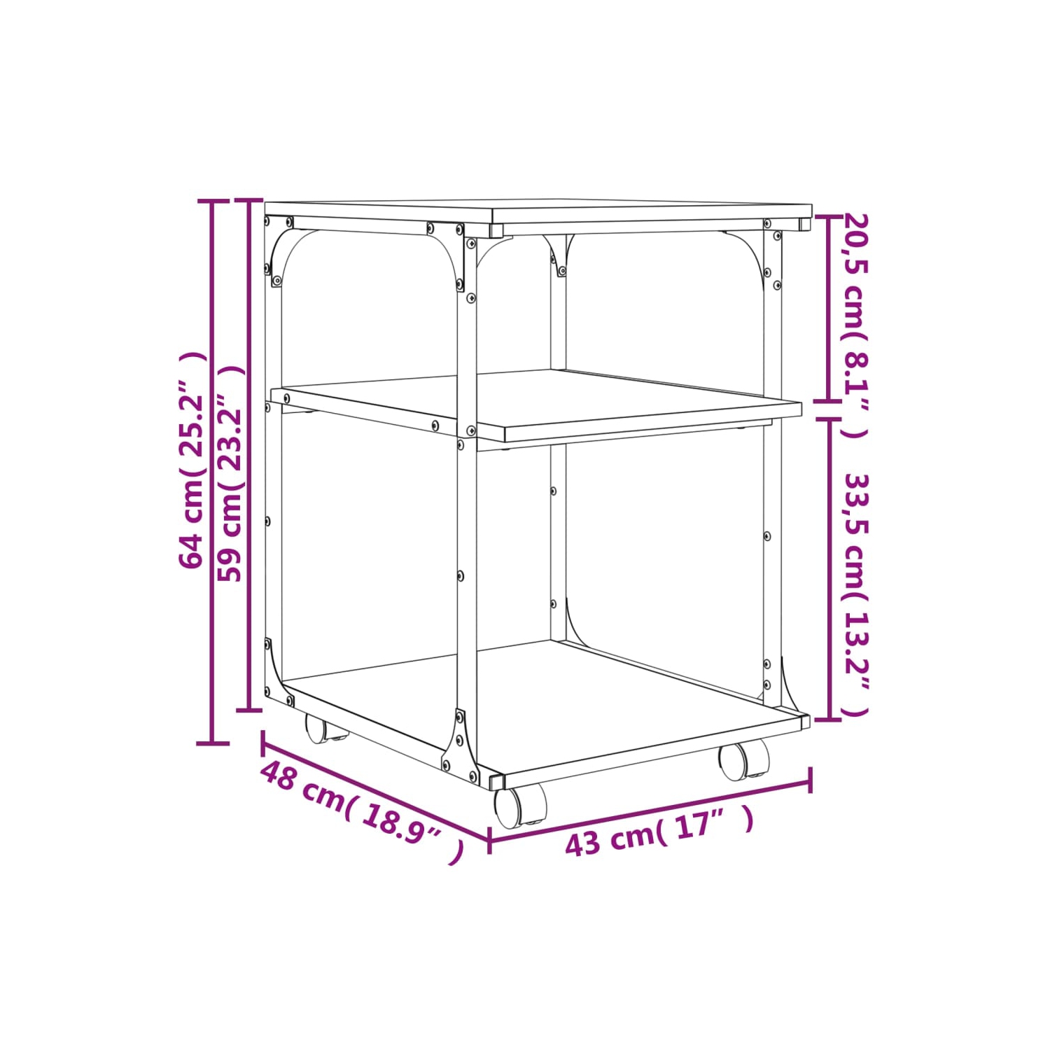 Meuble pour imprimante à 3 niveaux en chêne fumé 43 x 48 x 10 po en bois d'ingénierie de 64&nbsp;cm