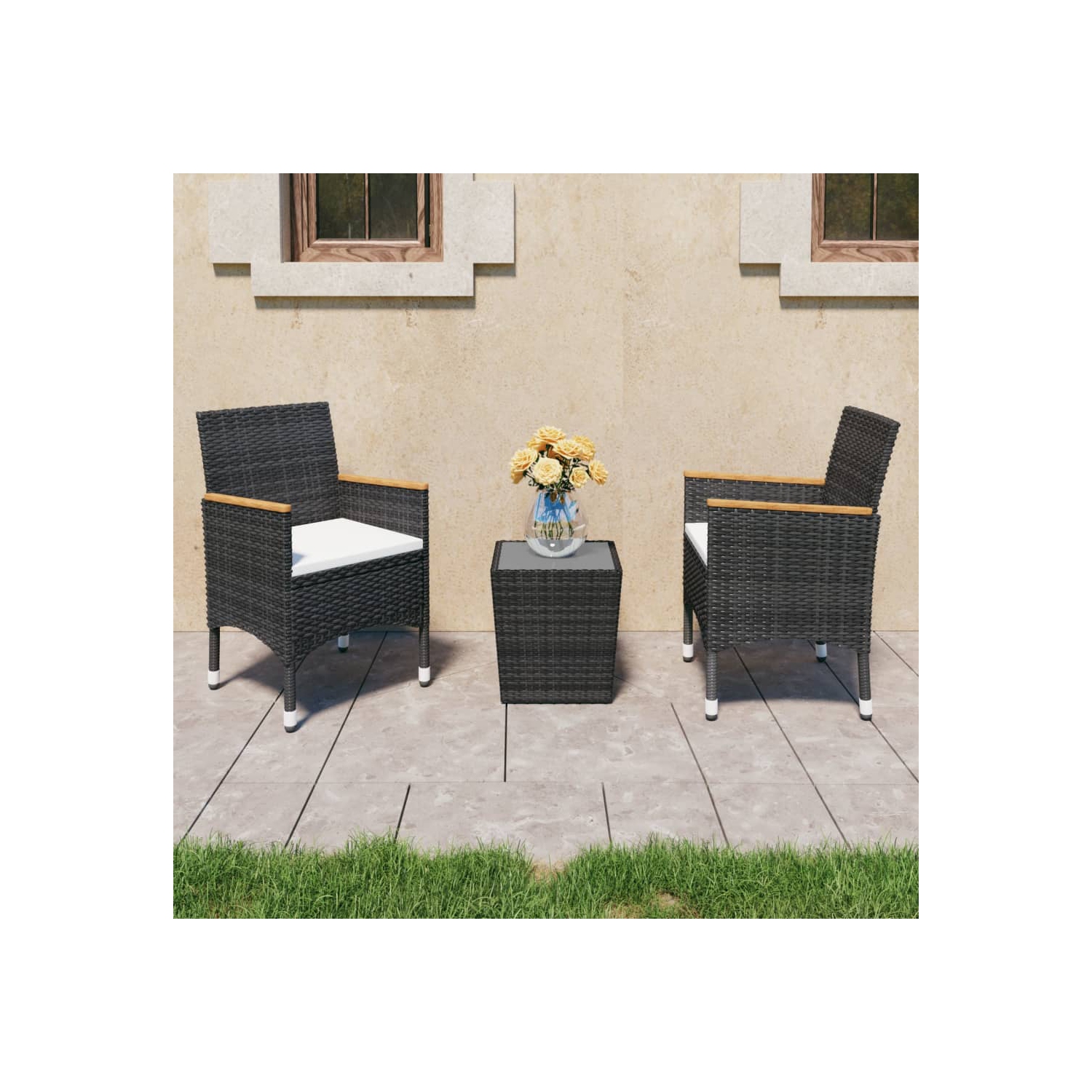 Ensemble bistro de 3 pièces en poly rotin et verre trempé noir