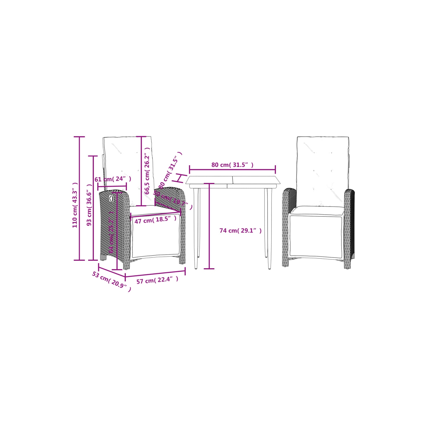 vidaXL 3 Piece Bistro Set with Cushions Black Poly Rattan